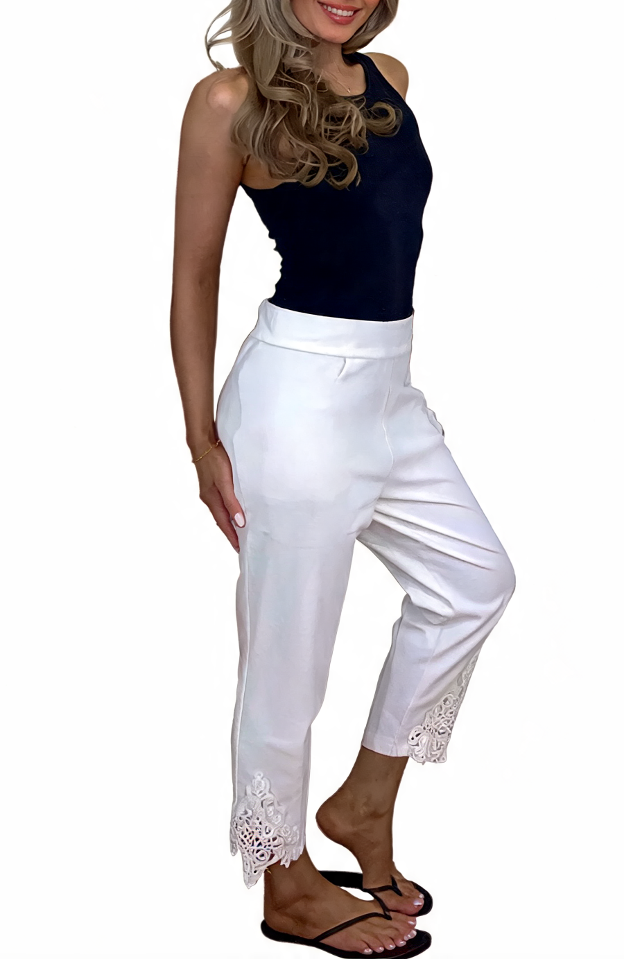 High-Waisted Tapered Trousers with Crochet Lace Hem - White