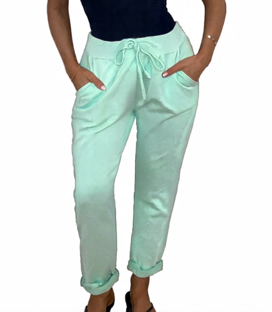 Mint green plain jogger pants with drawstring waist and cuffed hems
