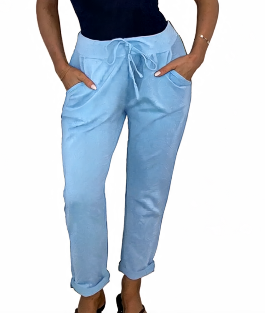 Sky blue plain jogger pants with drawstring waist and cuffed hems