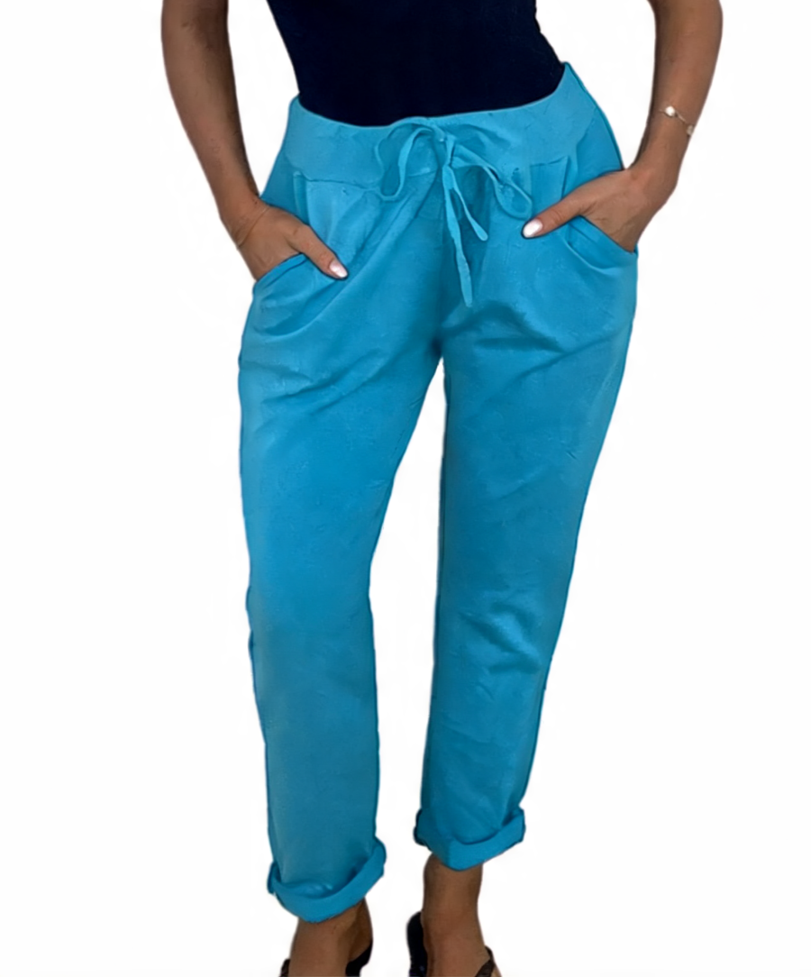 Teal blue plain jogger pants with drawstring waist and cuffed hems