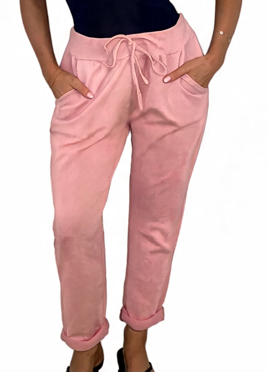 Blush pink plain jogger pants with drawstring waist and cuffed hems