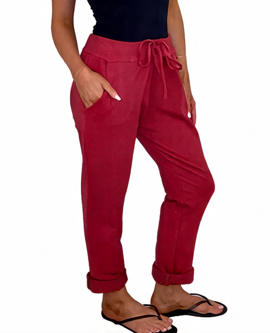 Red plain jogger pants with drawstring waist and cuffed hems