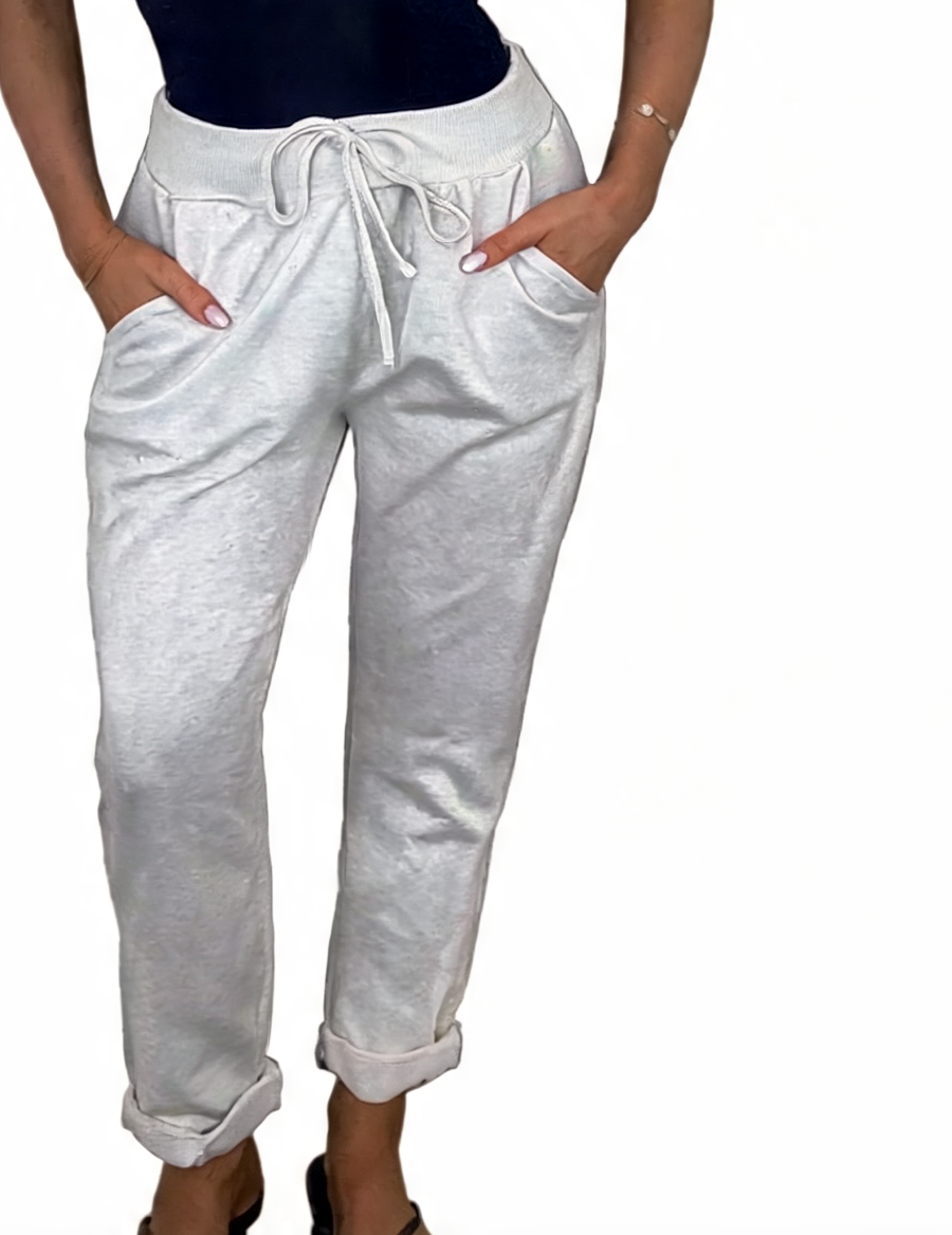 Light gray plain jogger pants with drawstring waist and cuffed hems