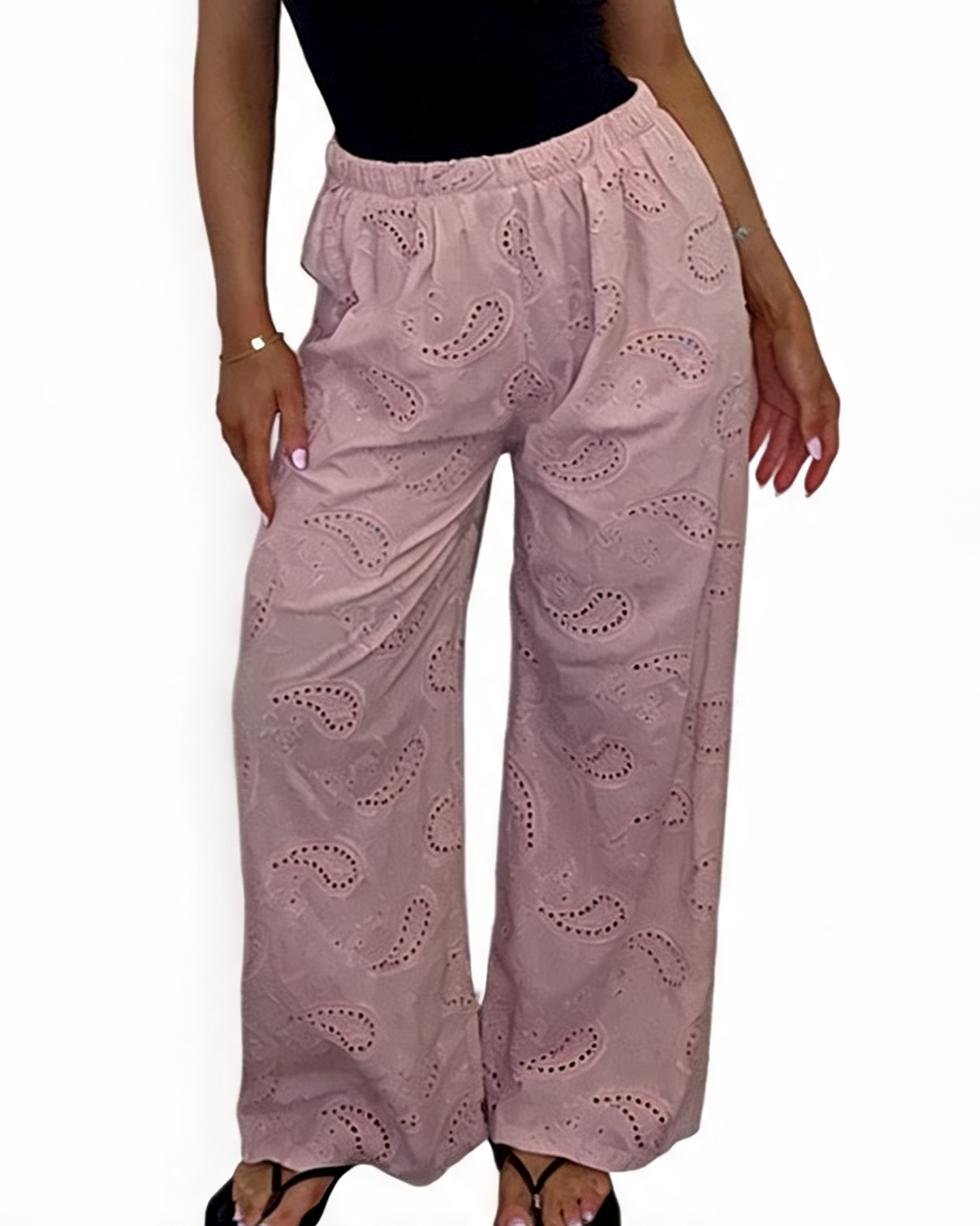 Dusty pink wide-leg pants with eyelet paisley embroidery, elastic waist