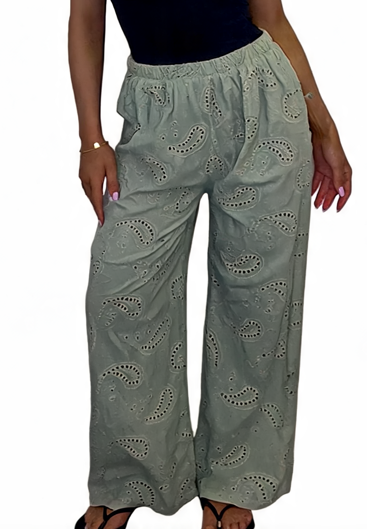 Sage green wide-leg pants with eyelet paisley embroidery, elastic waist