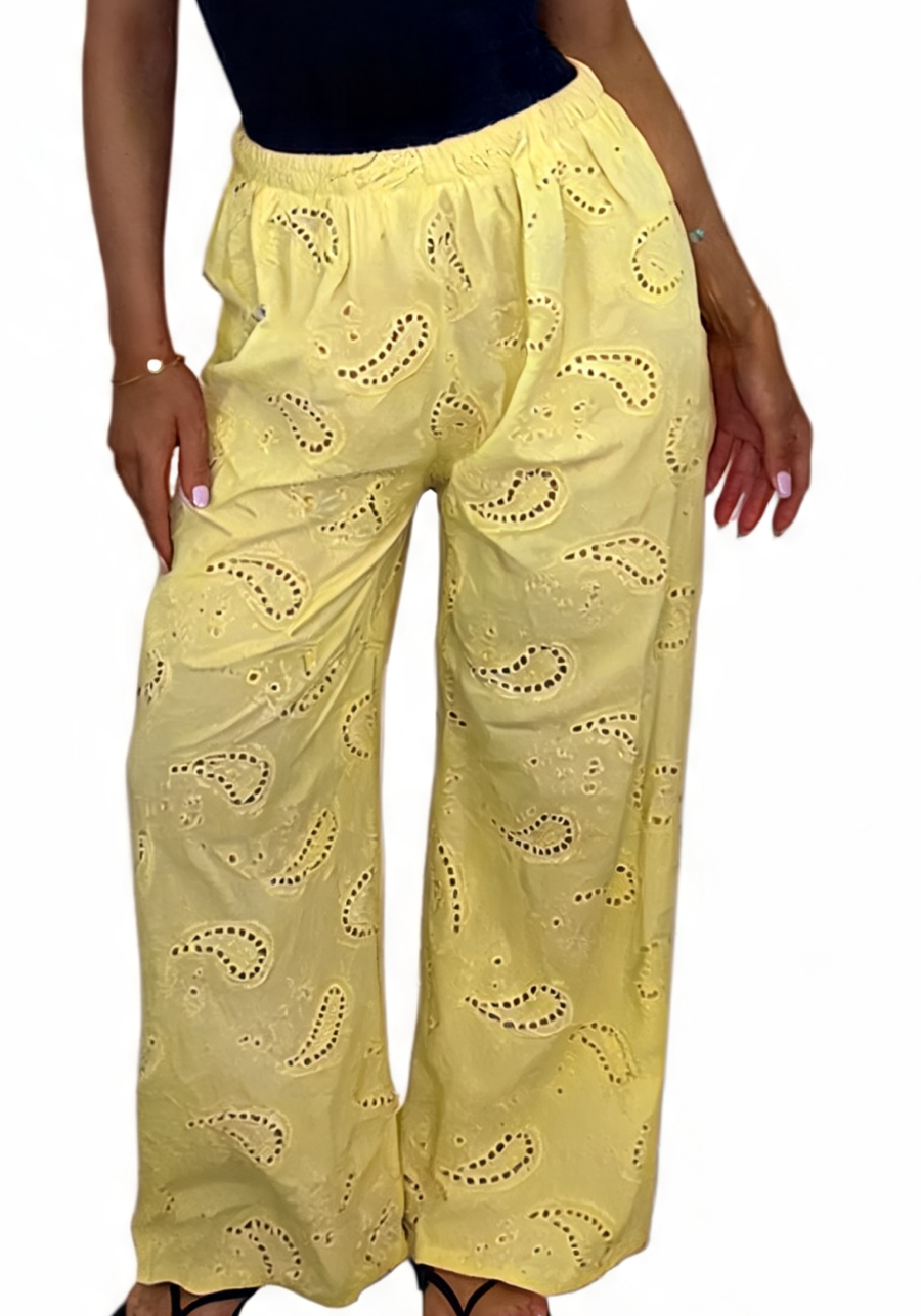 Yellow wide-leg pants with eyelet paisley embroidery, elastic waist