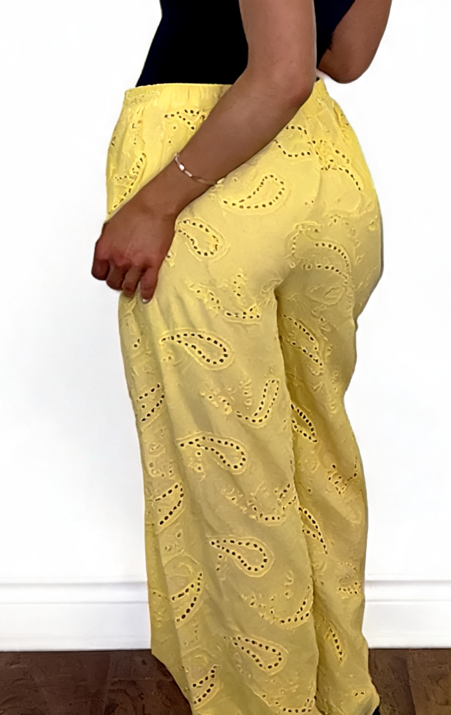 Eyelet Paisley Embroidered Wide-Leg Pants - Lemon