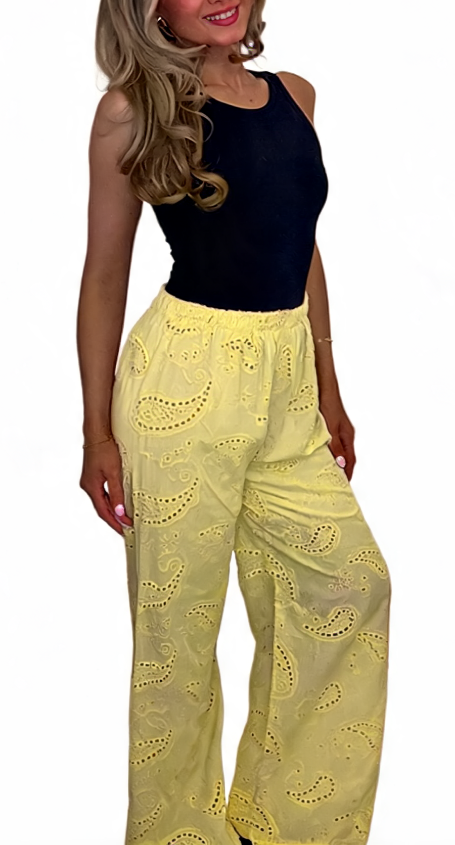 Eyelet Paisley Embroidered Wide-Leg Pants - Lemon