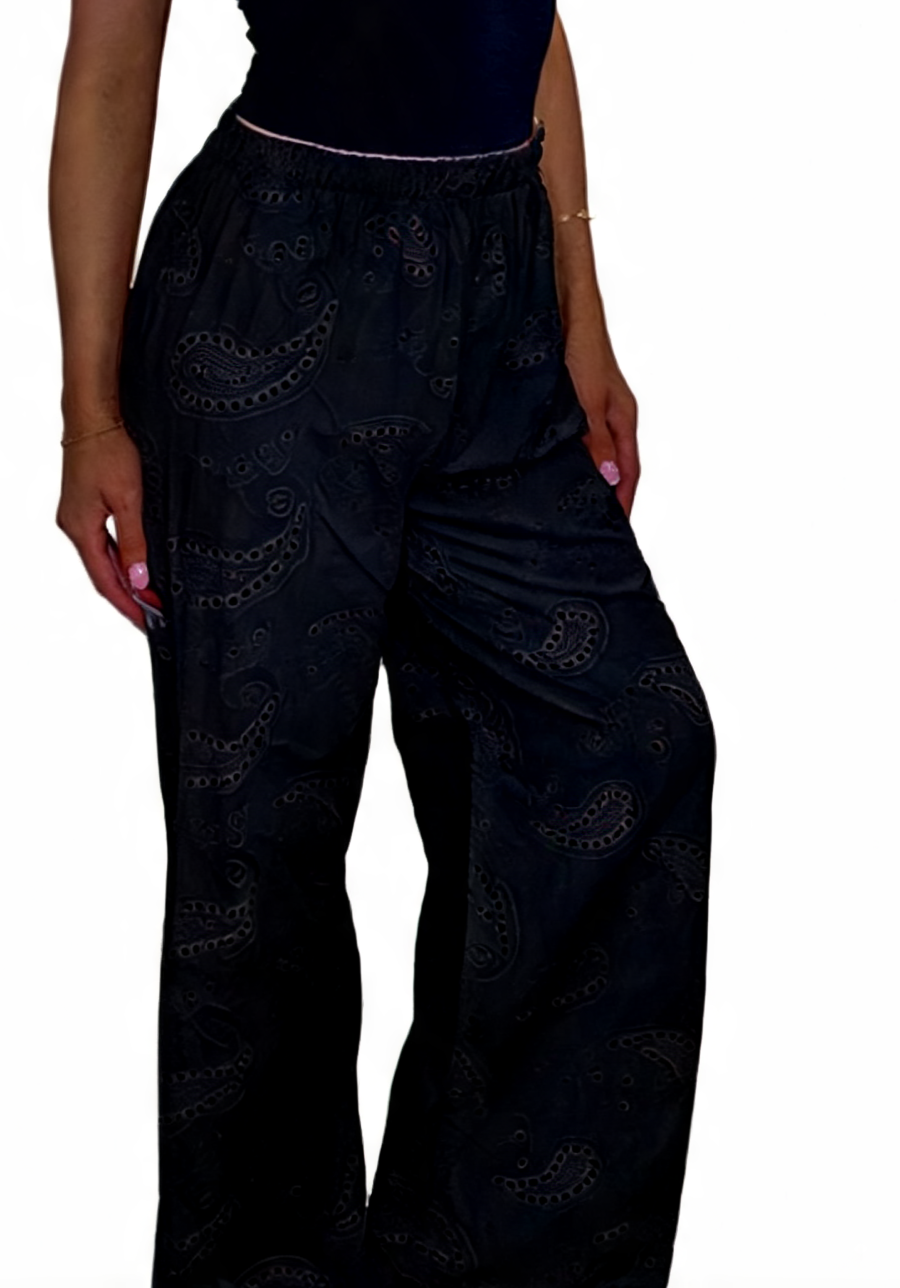Black wide-leg pants with eyelet paisley embroidery, elastic waist