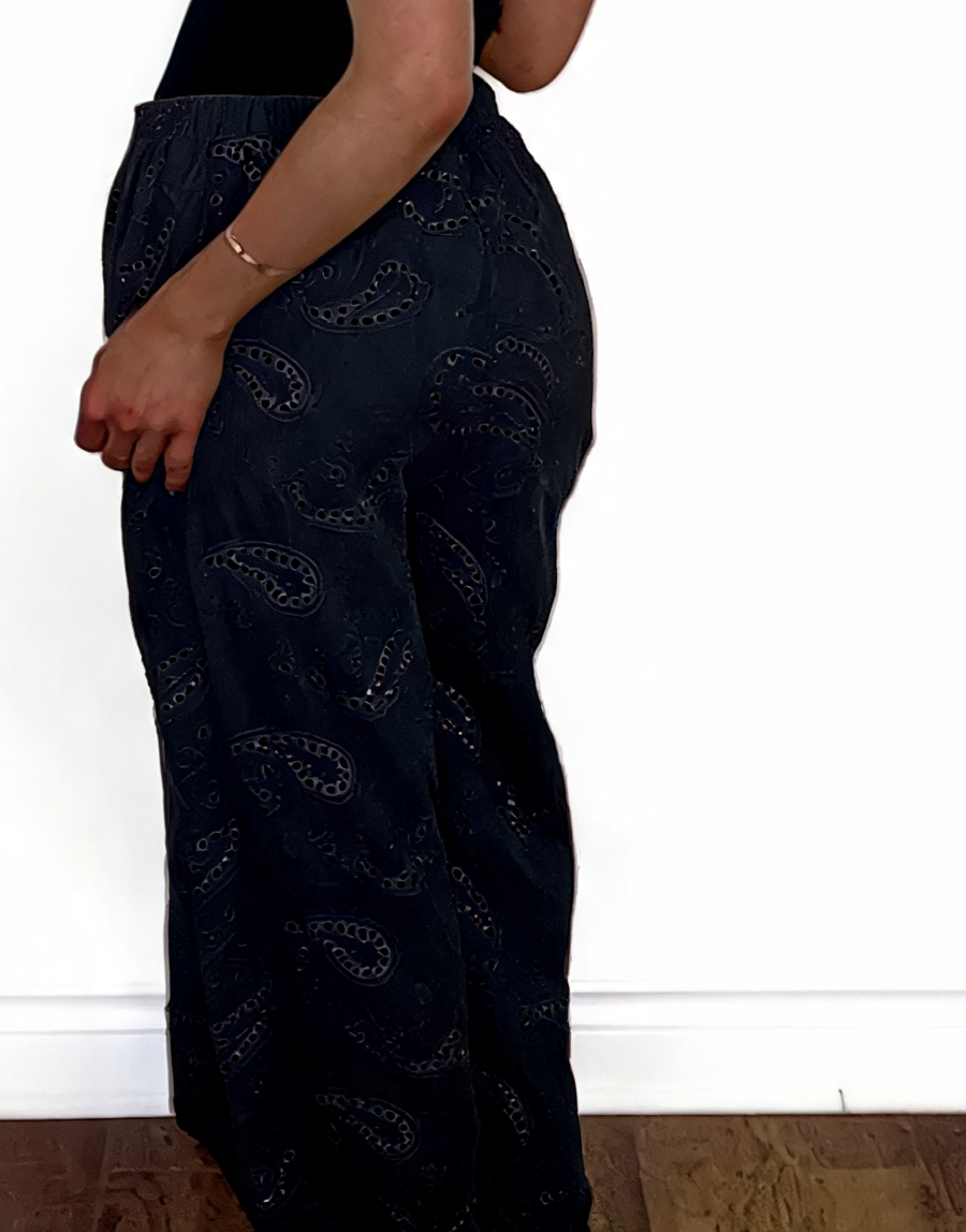 Eyelet Paisley Embroidered Wide-Leg Pants - Black