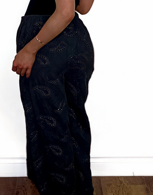Eyelet Paisley Embroidered Wide-Leg Pants - Black