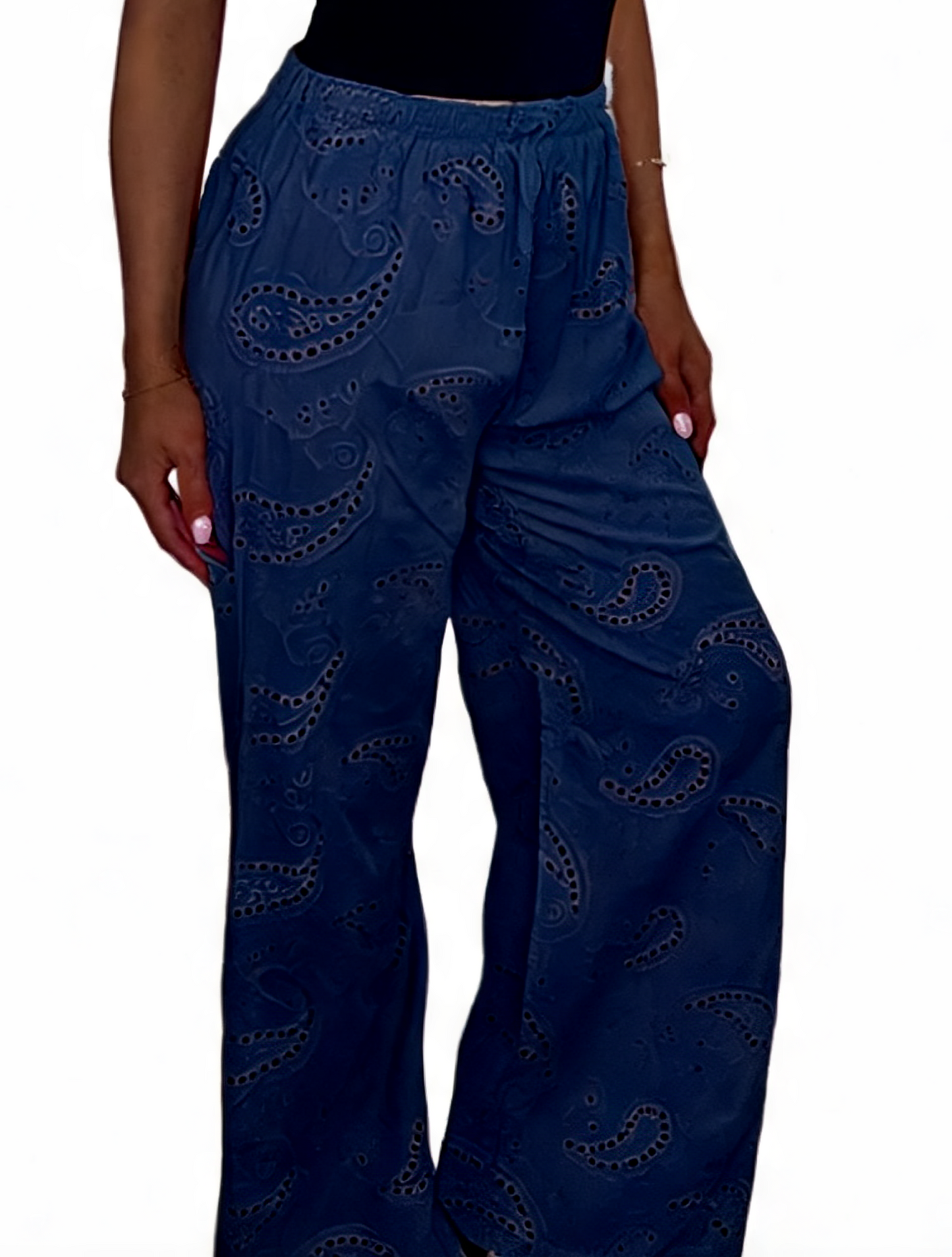 Navy wide-leg pants with eyelet paisley embroidery, elastic waist