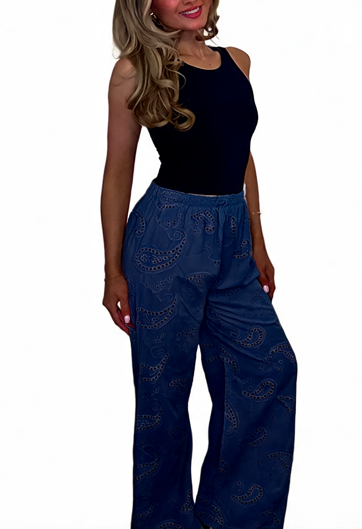 Eyelet Paisley Embroidered Wide-Leg Pants - Navy