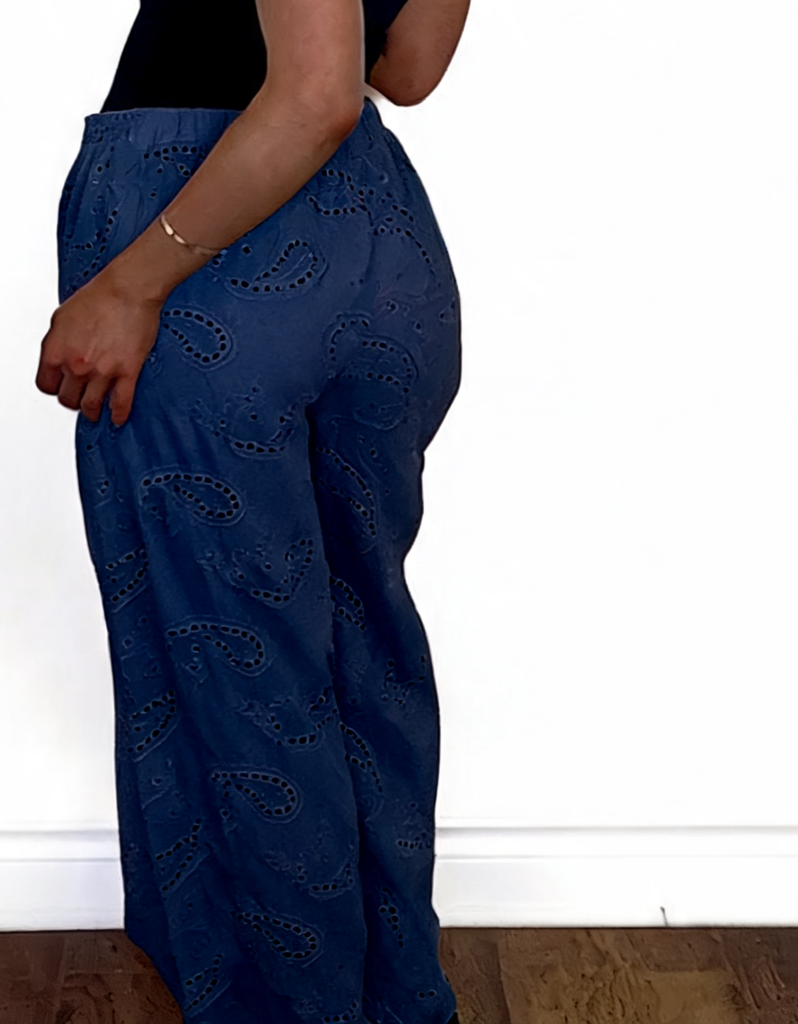 Eyelet Paisley Embroidered Wide-Leg Pants - Navy