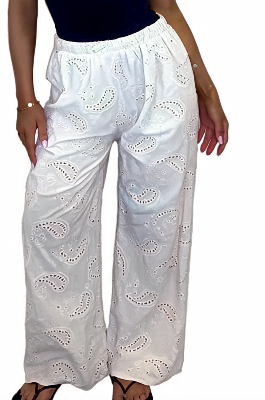 White wide-leg pants with eyelet paisley embroidery, elastic waist