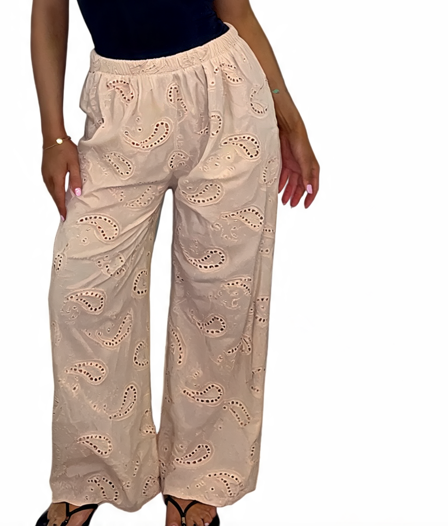 Beige wide-leg pants with eyelet paisley embroidery, elastic waist