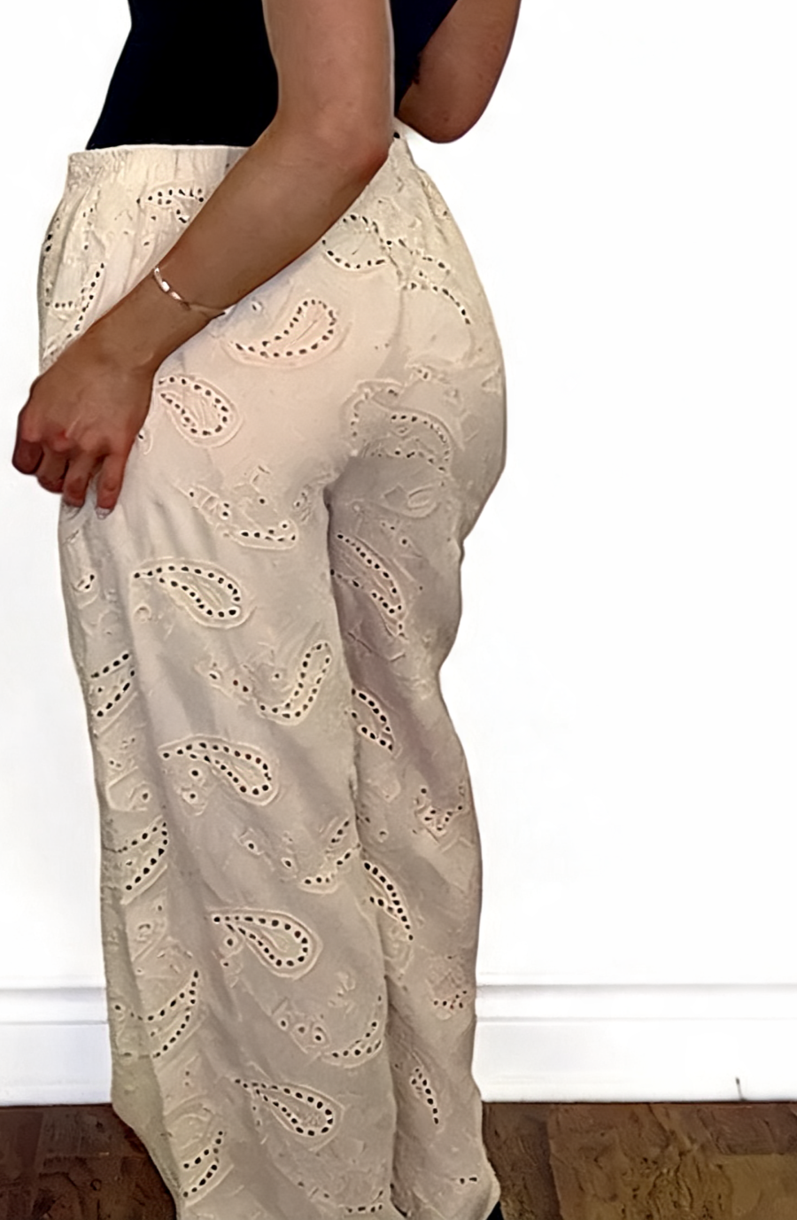 Eyelet Paisley Embroidered Wide-Leg Pants - Beige
