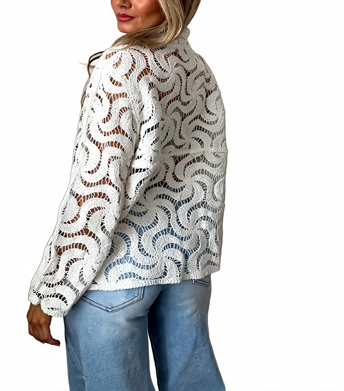 White crochet swirl lace button-up top with long sleeves and button front