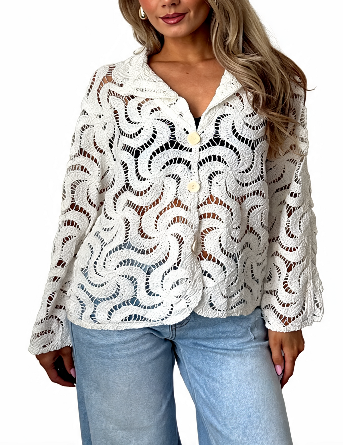 White crochet swirl lace button-up top with collared neckline and gold-tone buttons