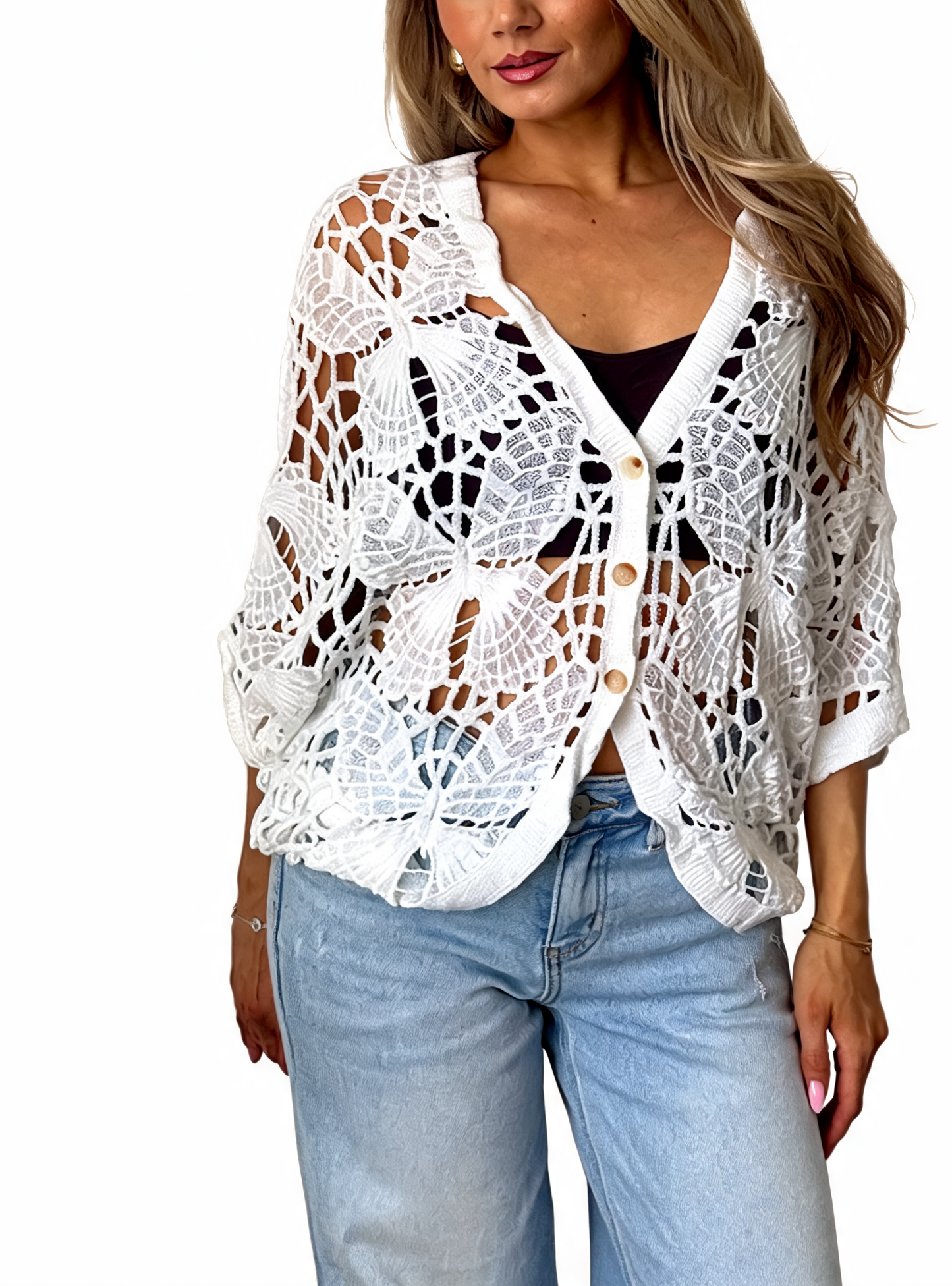 White crochet cropped cardigan with butterfly-style cutouts, V-neck and button front