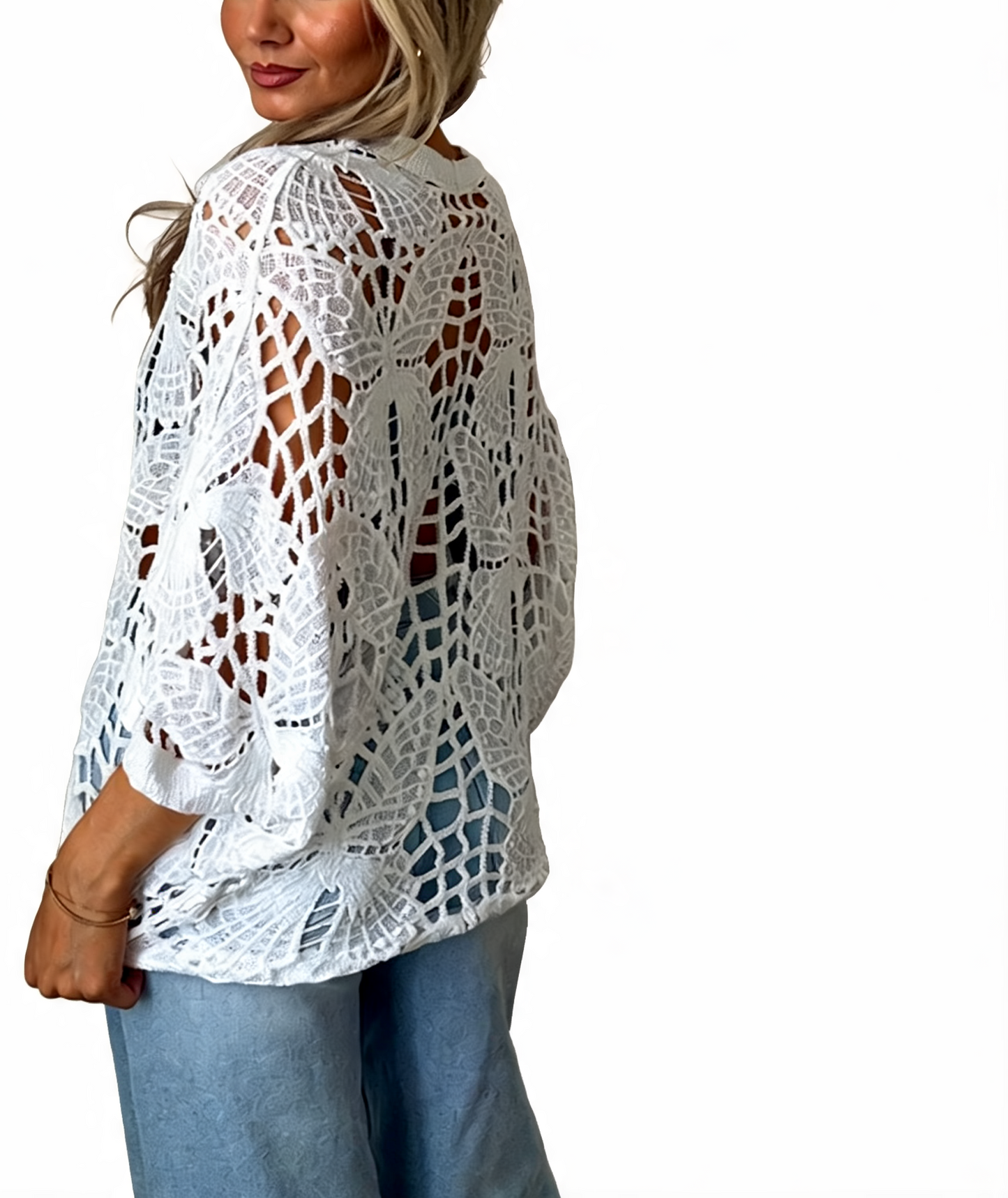 Crochet Butterfly Cutout Cropped Cardigan Top - White