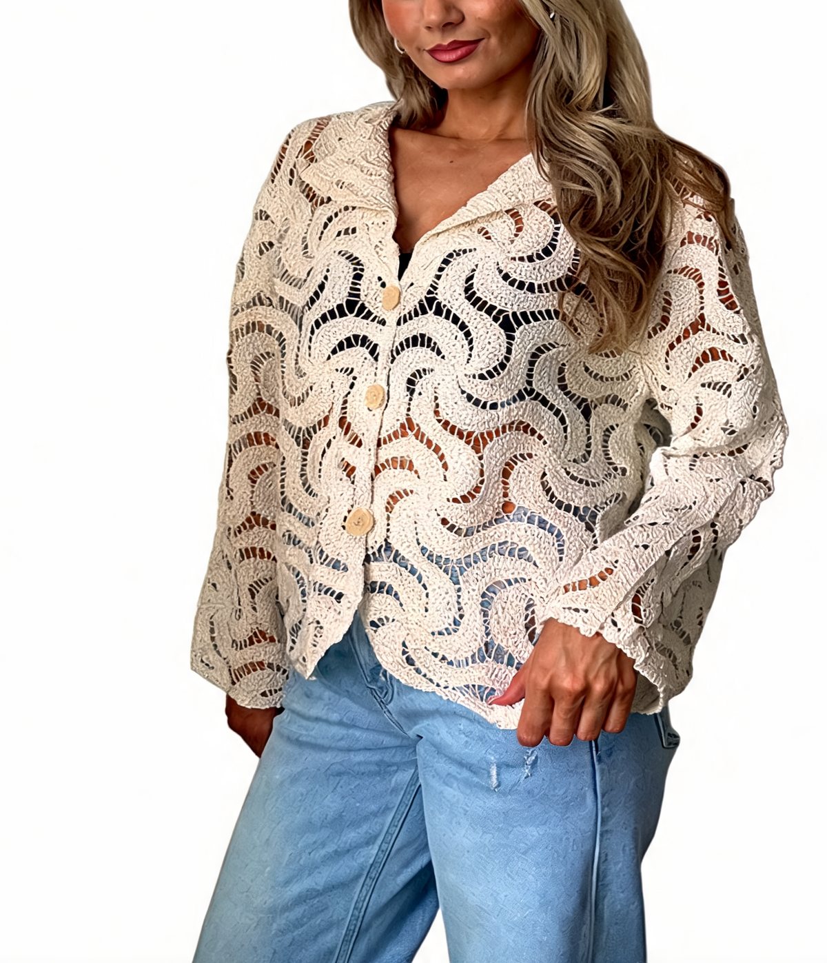 Beige crochet swirl lace button-up top with collar and gold-tone button front