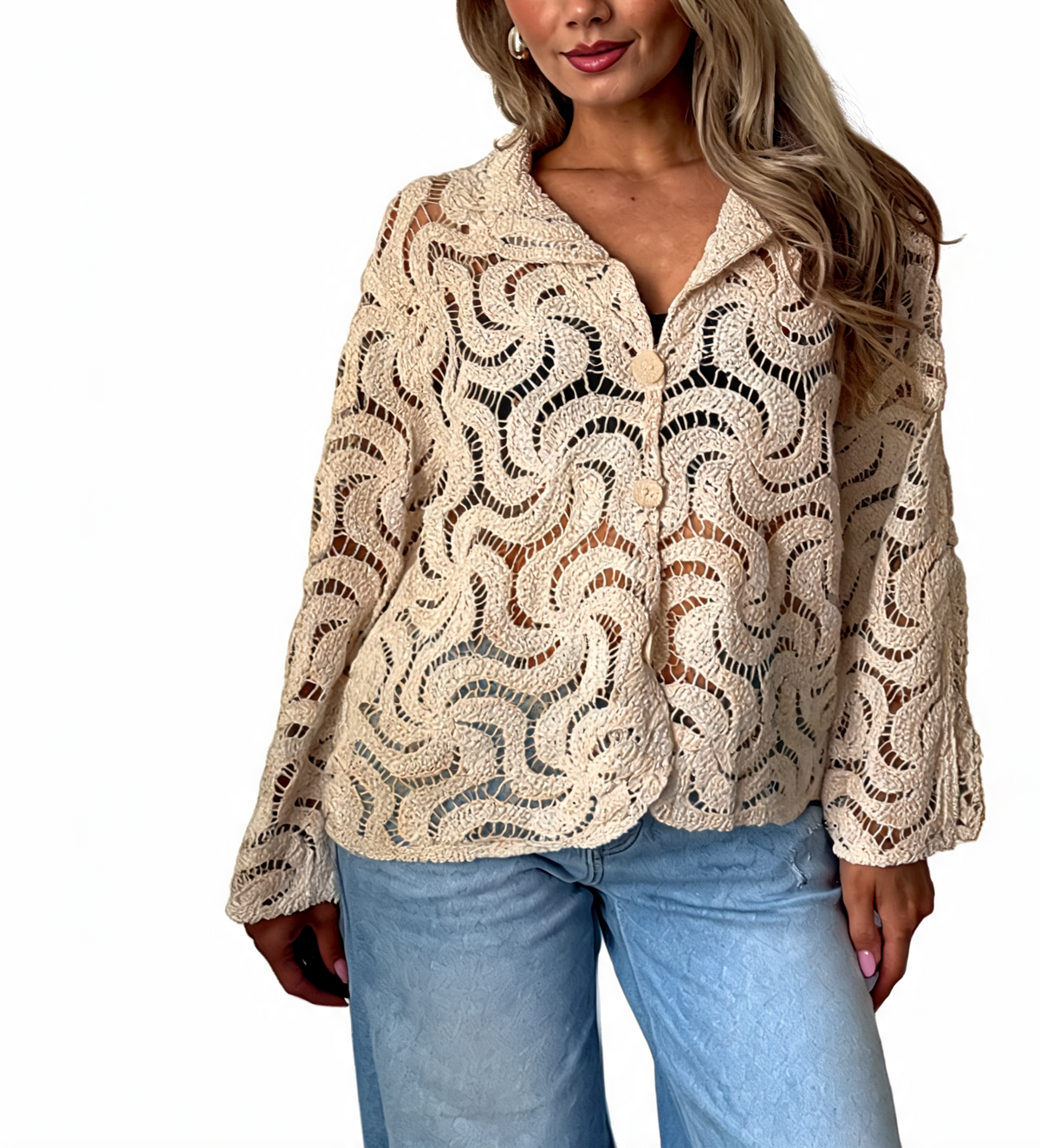 Beige crochet swirl lace button-up top with collar and gold-tone buttons