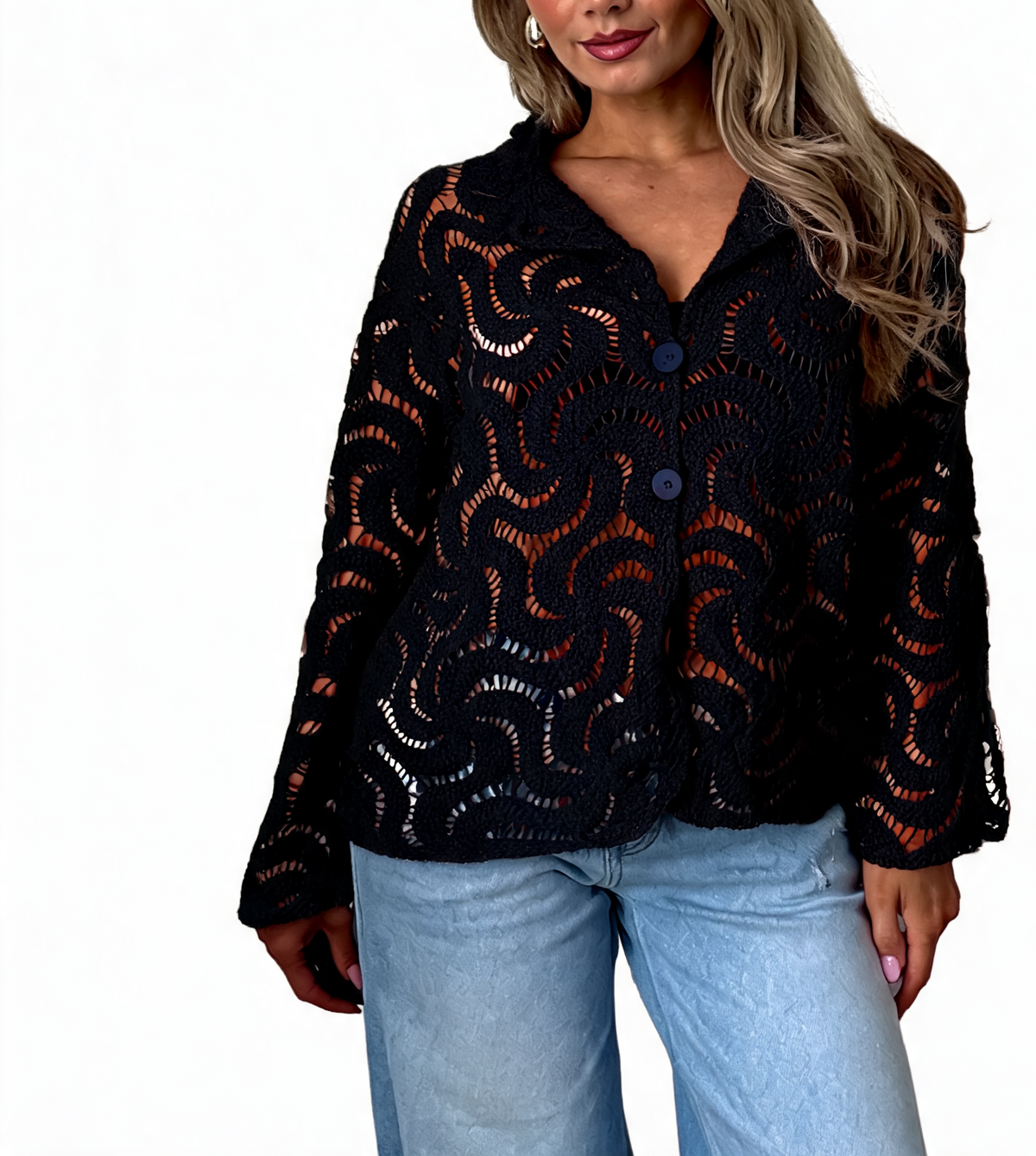 Black crochet swirl lace button-up top with collar and button front