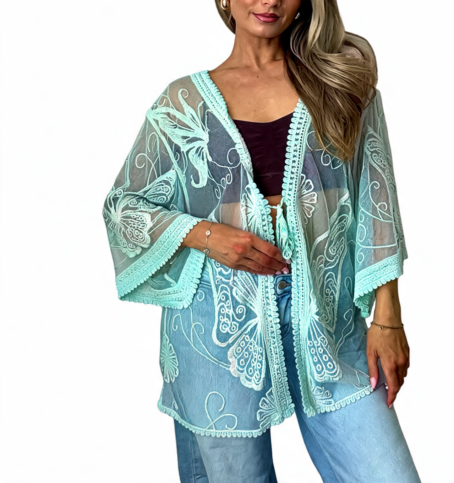 Sheer Mesh Butterfly Embroidered Kimono Cover-Up - Mint