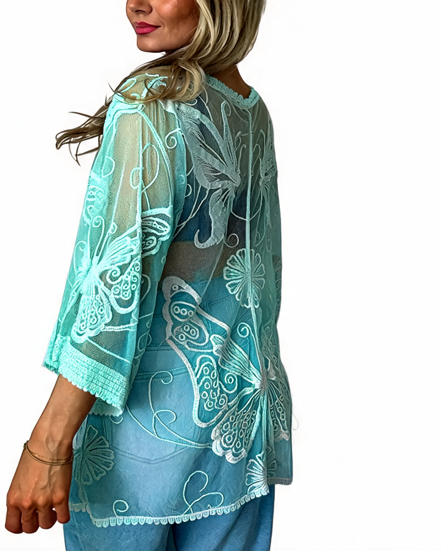 Sheer Mesh Butterfly Embroidered Kimono Cover-Up - Mint