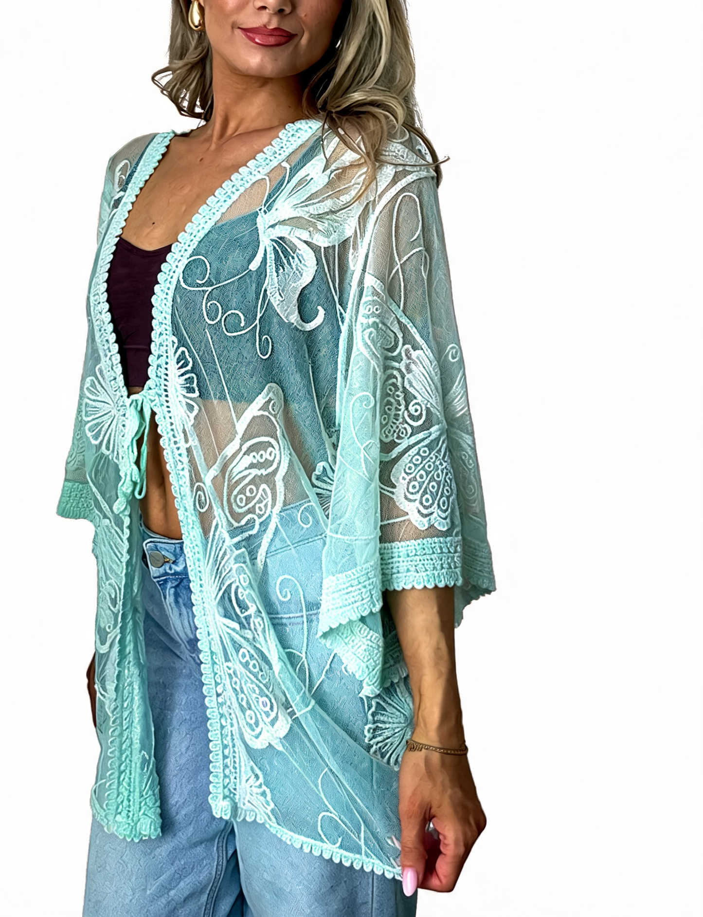 Sheer Mesh Butterfly Embroidered Kimono Cover-Up - Mint