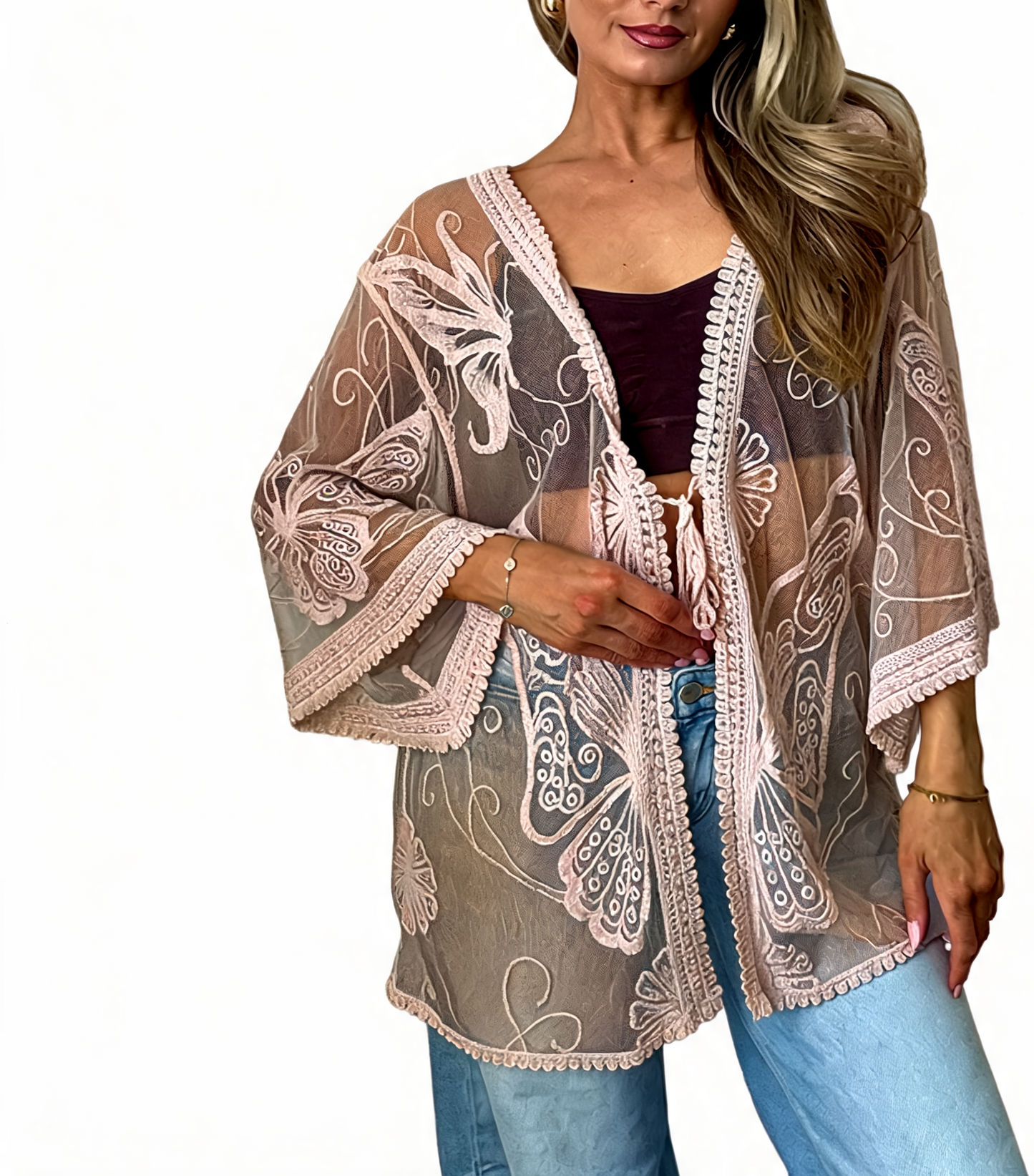 Sheer Mesh Butterfly Embroidered Kimono Cover-Up - Mocha