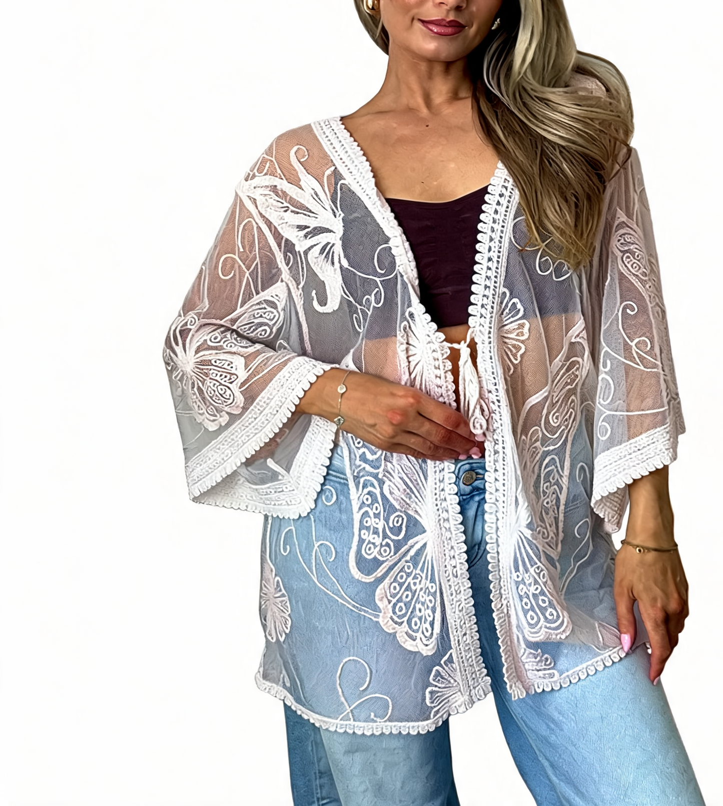 Sheer Mesh Butterfly Embroidered Kimono Cover-Up - White