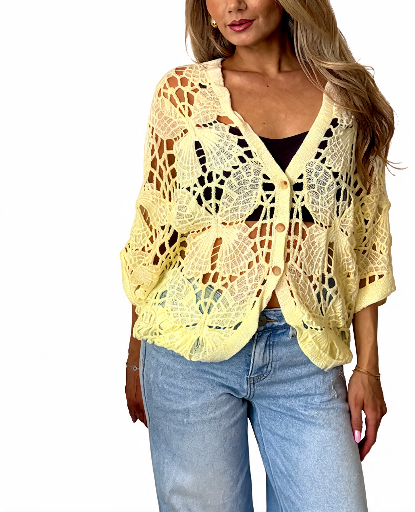Yellow crochet cropped cardigan with butterfly-style cutouts, V-neck and button front