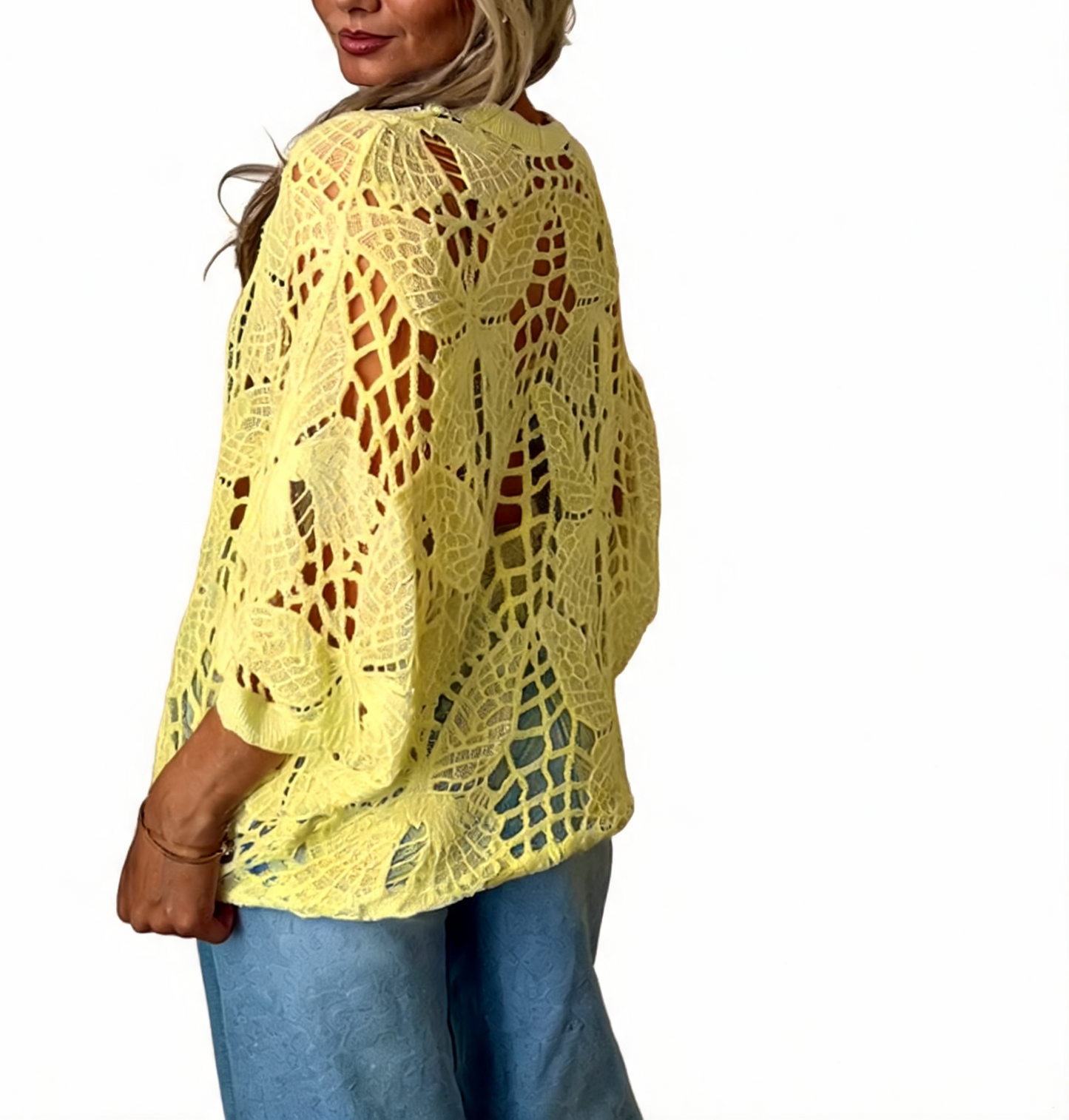 Crochet Butterfly Cutout Cropped Cardigan Top - Lemon