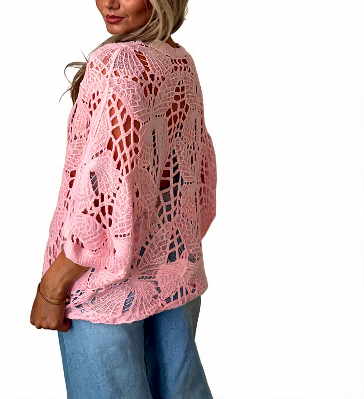 Crochet Butterfly Cutout Cropped Cardigan Top - Pink