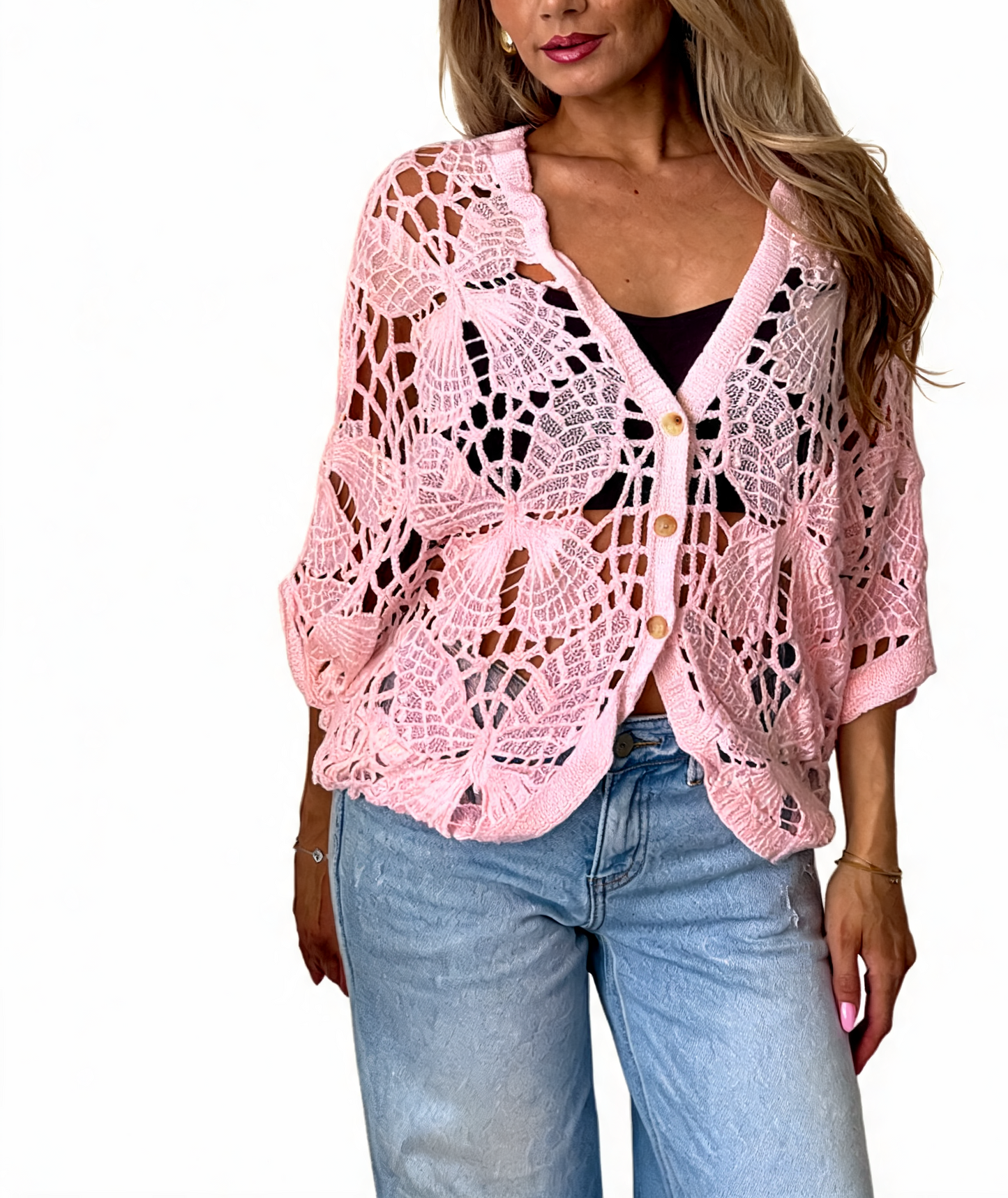 Pink crochet cropped cardigan with butterfly-style cutouts, V-neck and button front