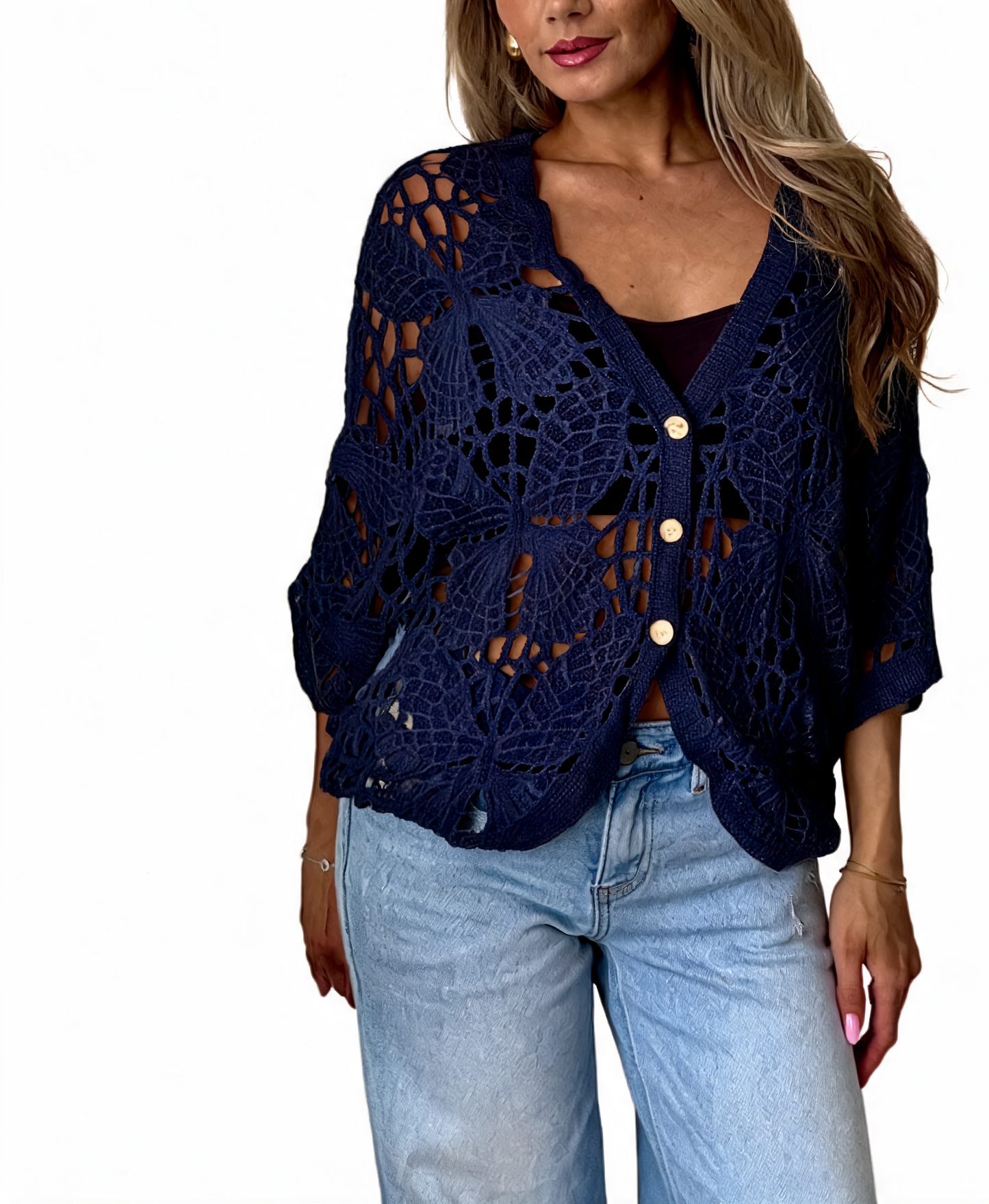 Navy crochet cropped cardigan with butterfly-style cutouts, V-neck and button front