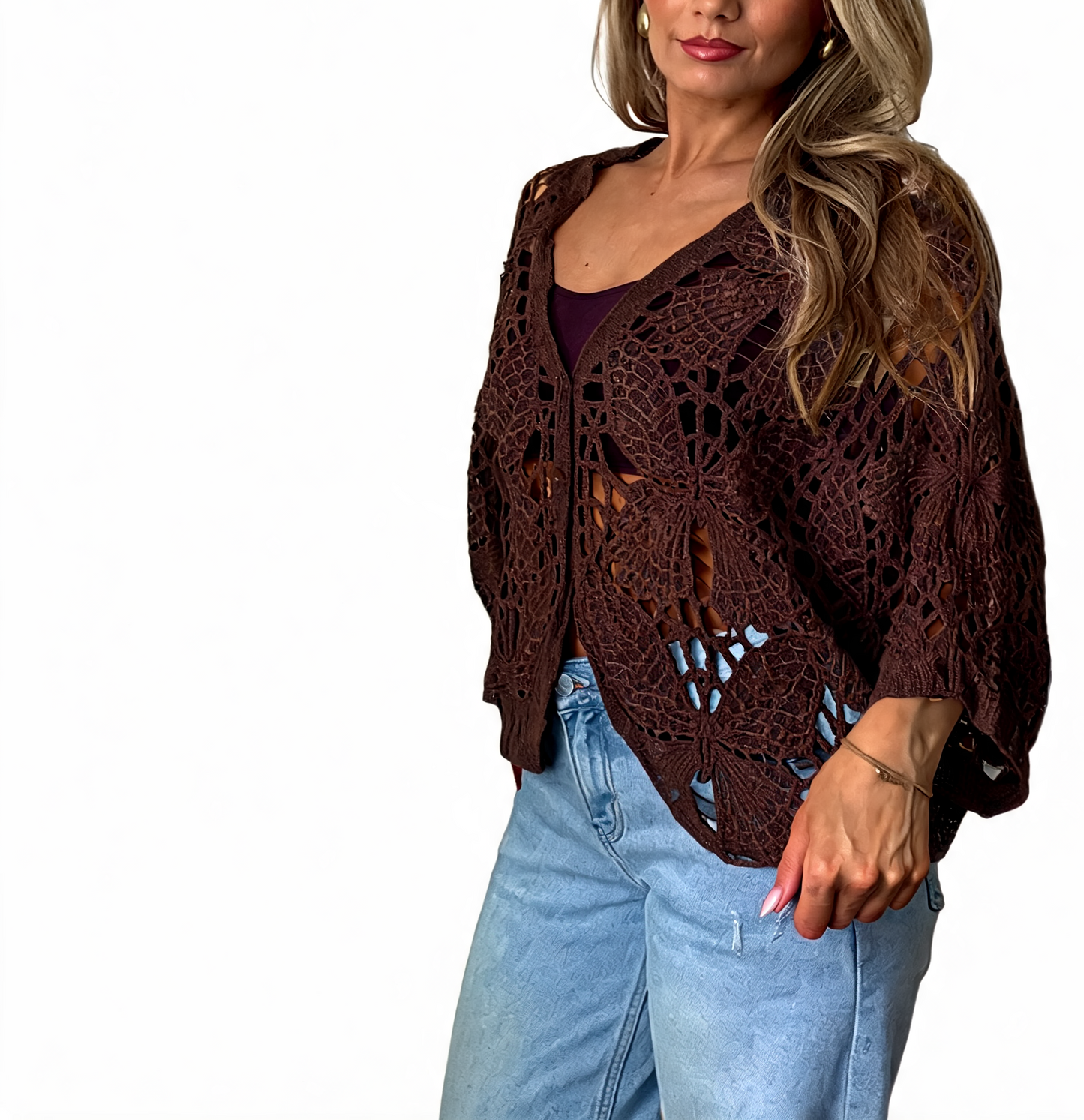 Crochet Butterfly Cutout Cropped Cardigan Top - Mocha