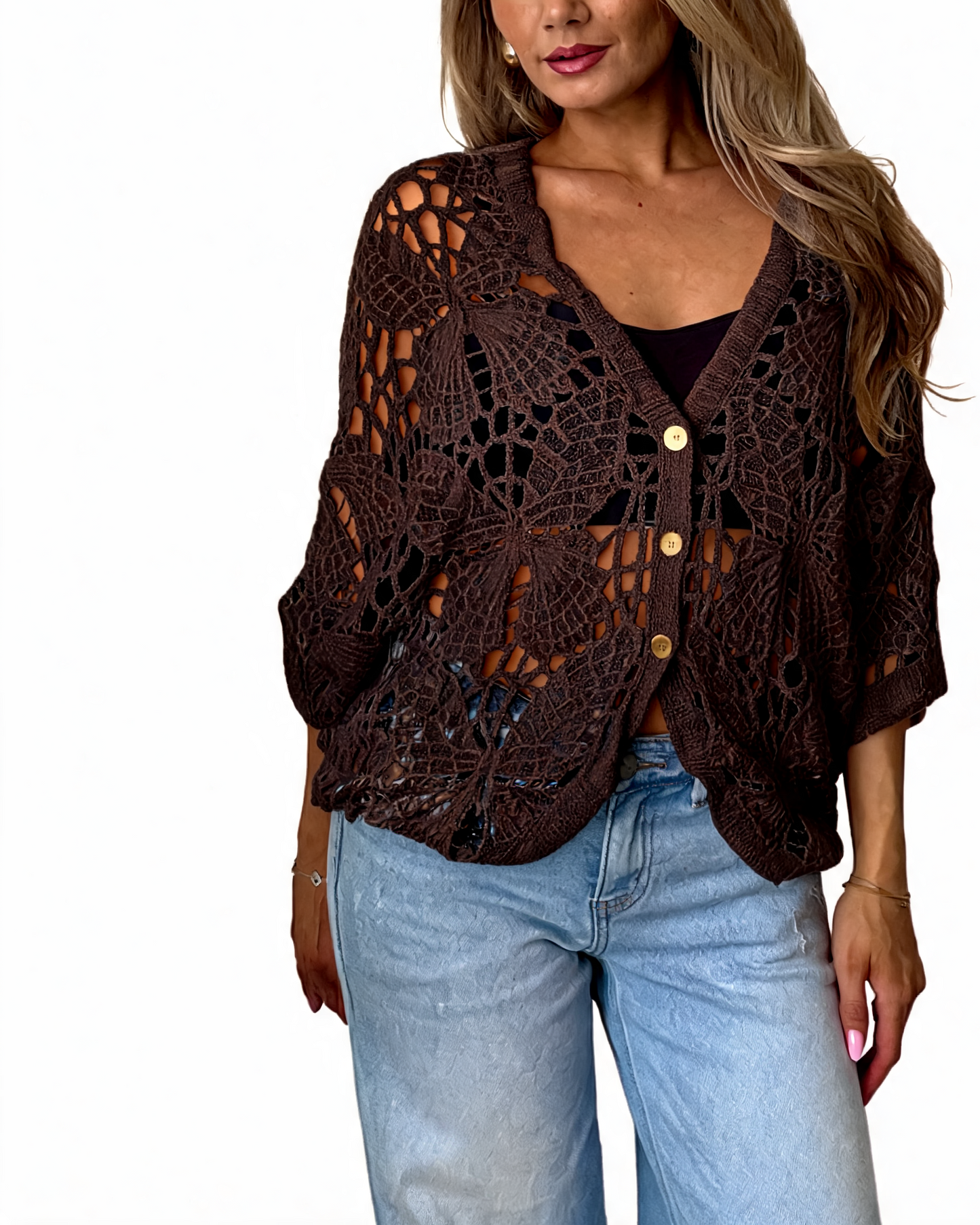 Brown crochet cropped cardigan with butterfly-style cutouts, V-neck and button front