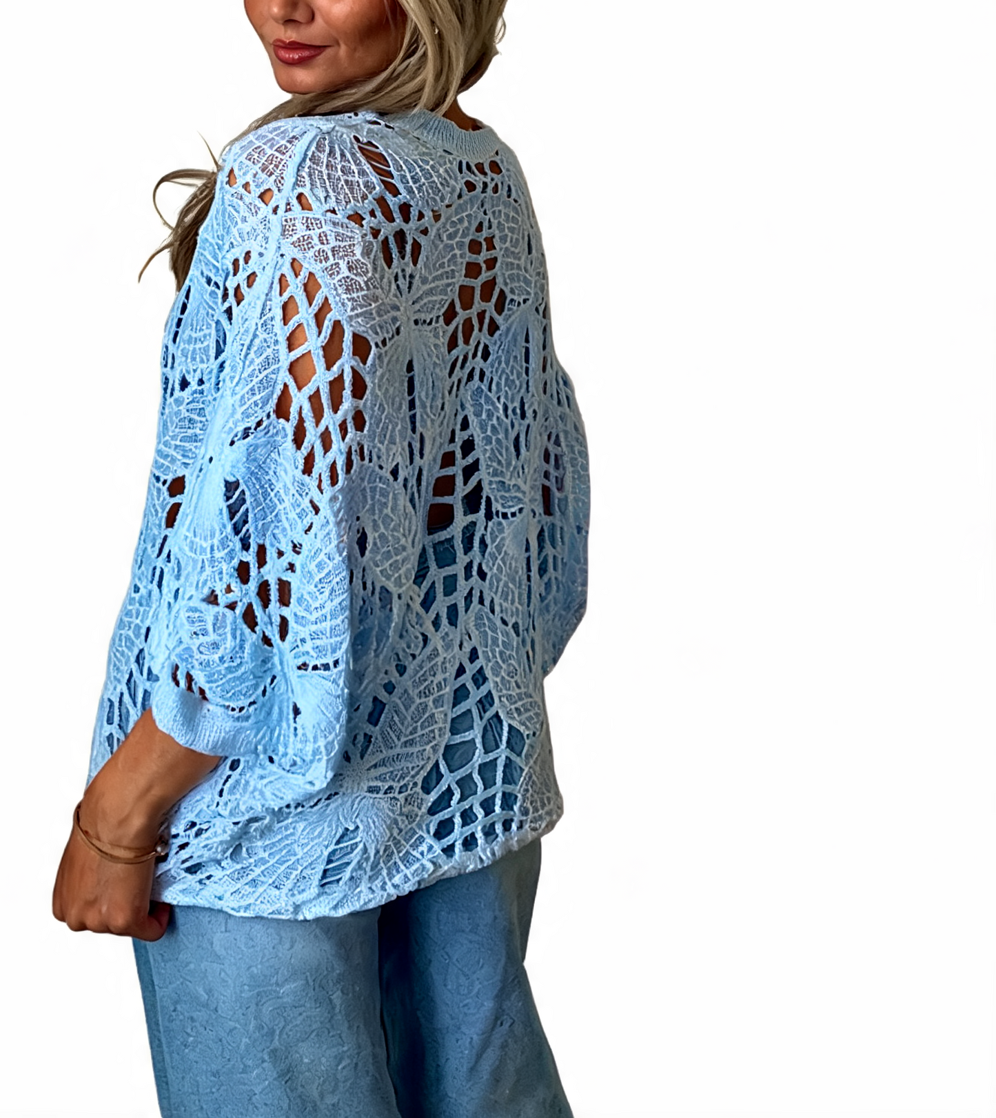 Crochet Butterfly Cutout Cropped Cardigan Top - Sky Blue
