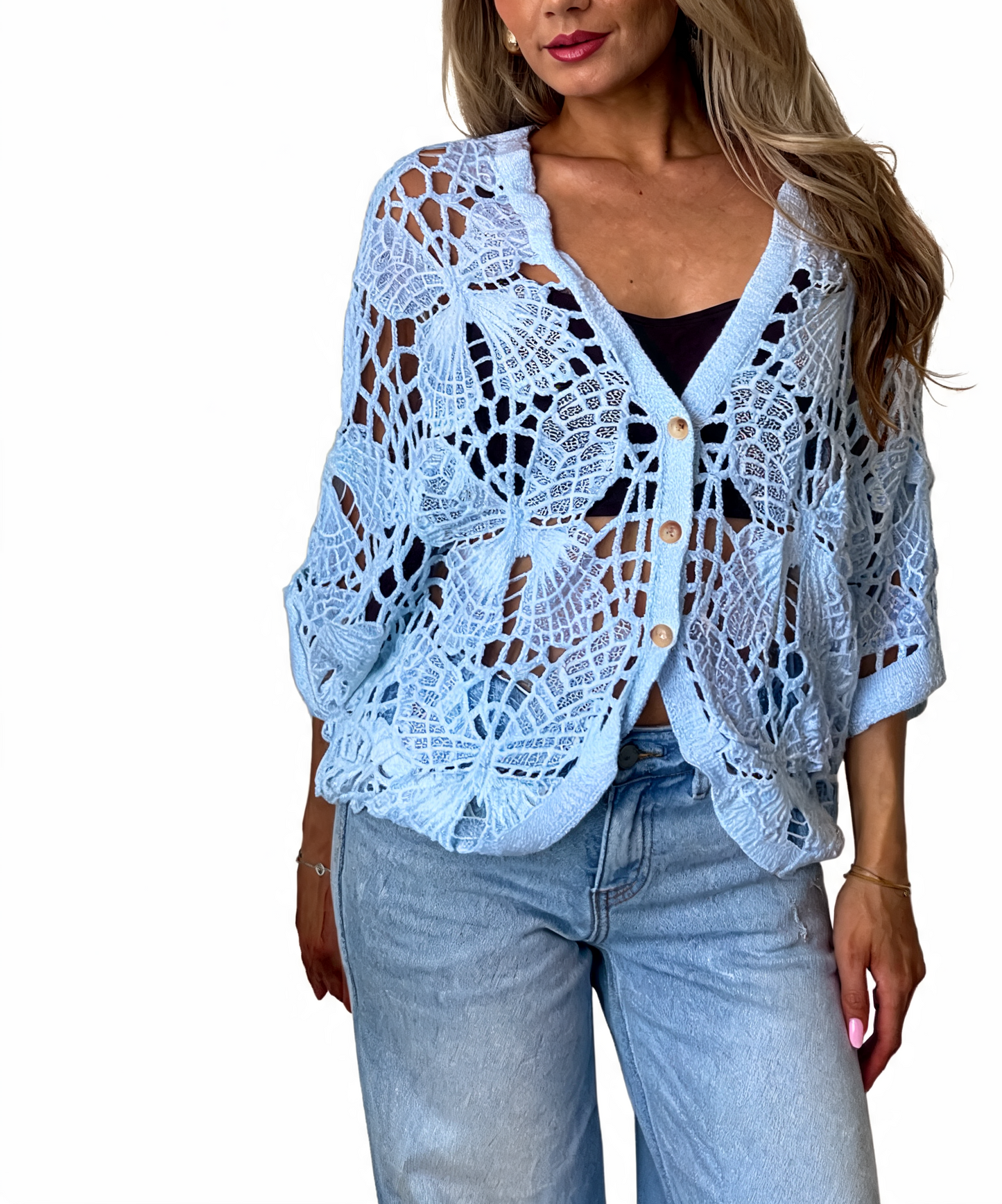 Light blue crochet cropped cardigan with butterfly-style cutouts, V-neck and button front