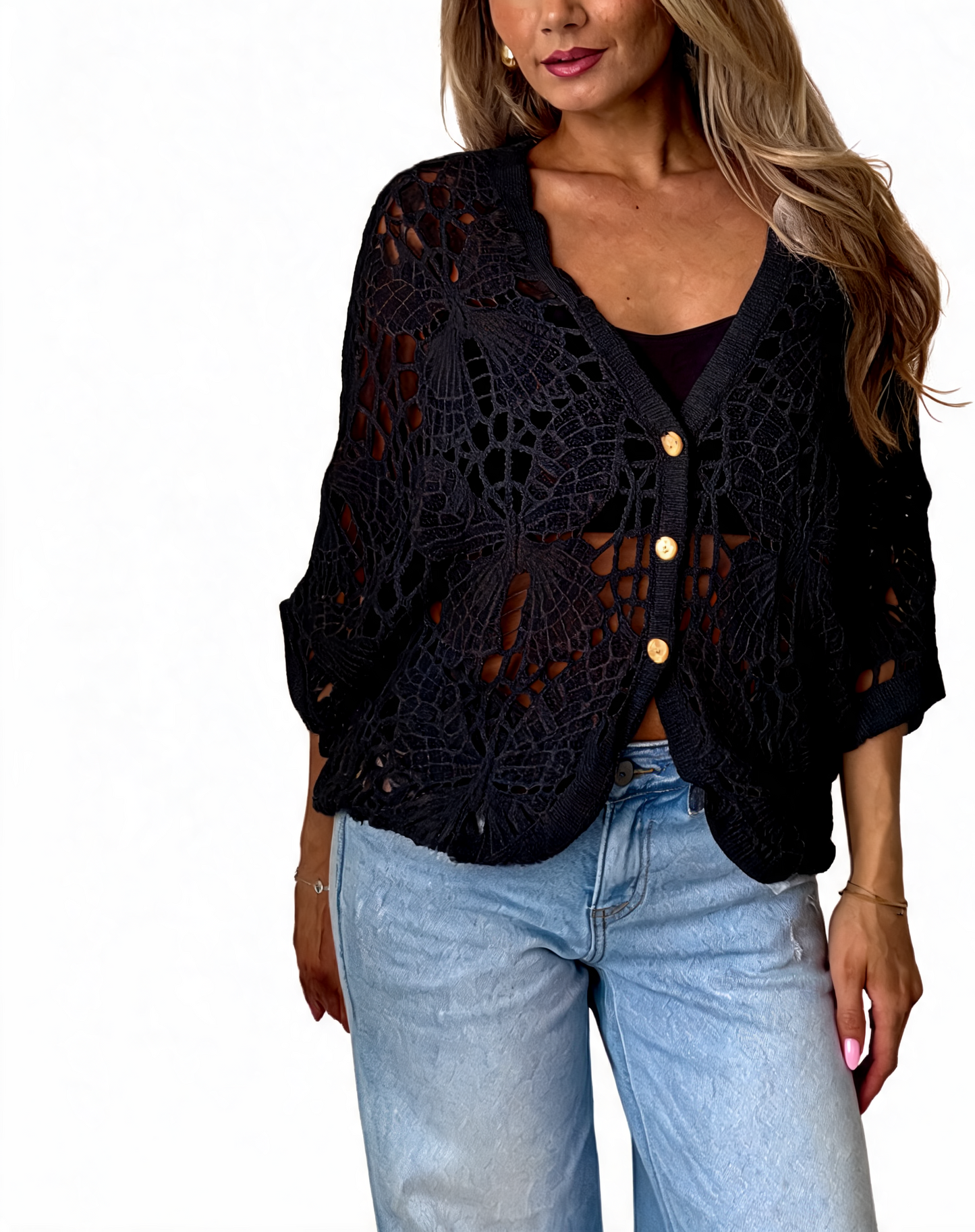 Black crochet cropped cardigan with butterfly-style cutouts, V-neck and button front