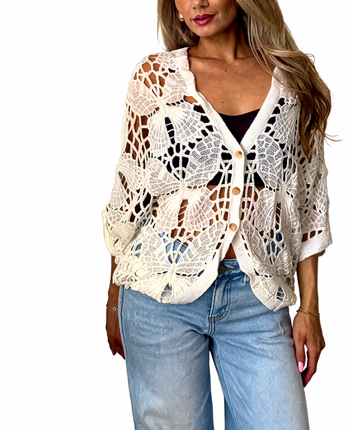 White crochet cropped cardigan with butterfly-style cutouts, V-neck and button front