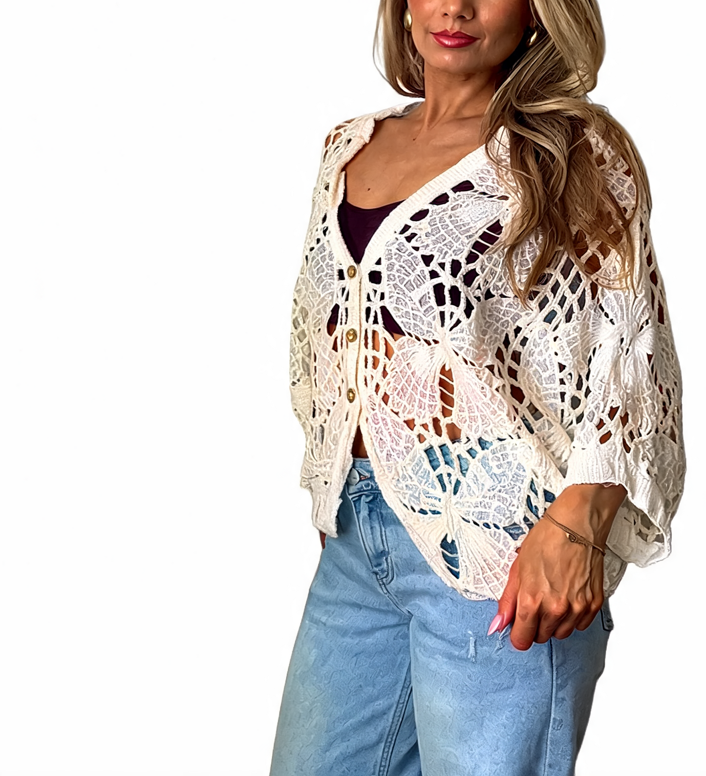 Crochet Butterfly Cutout Cropped Cardigan Top - Beige