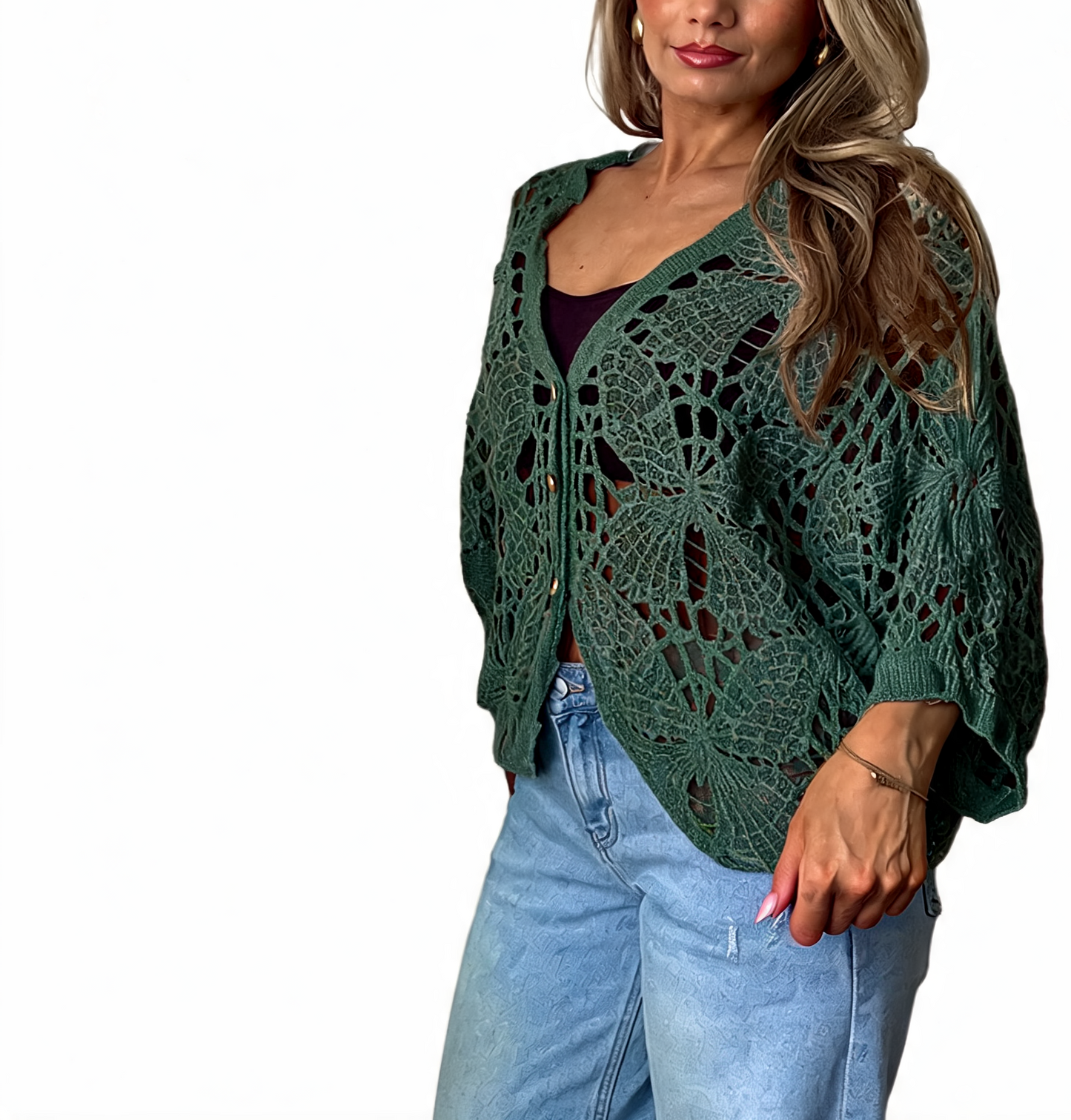 Crochet Butterfly Cutout Cropped Cardigan Top - Khaki