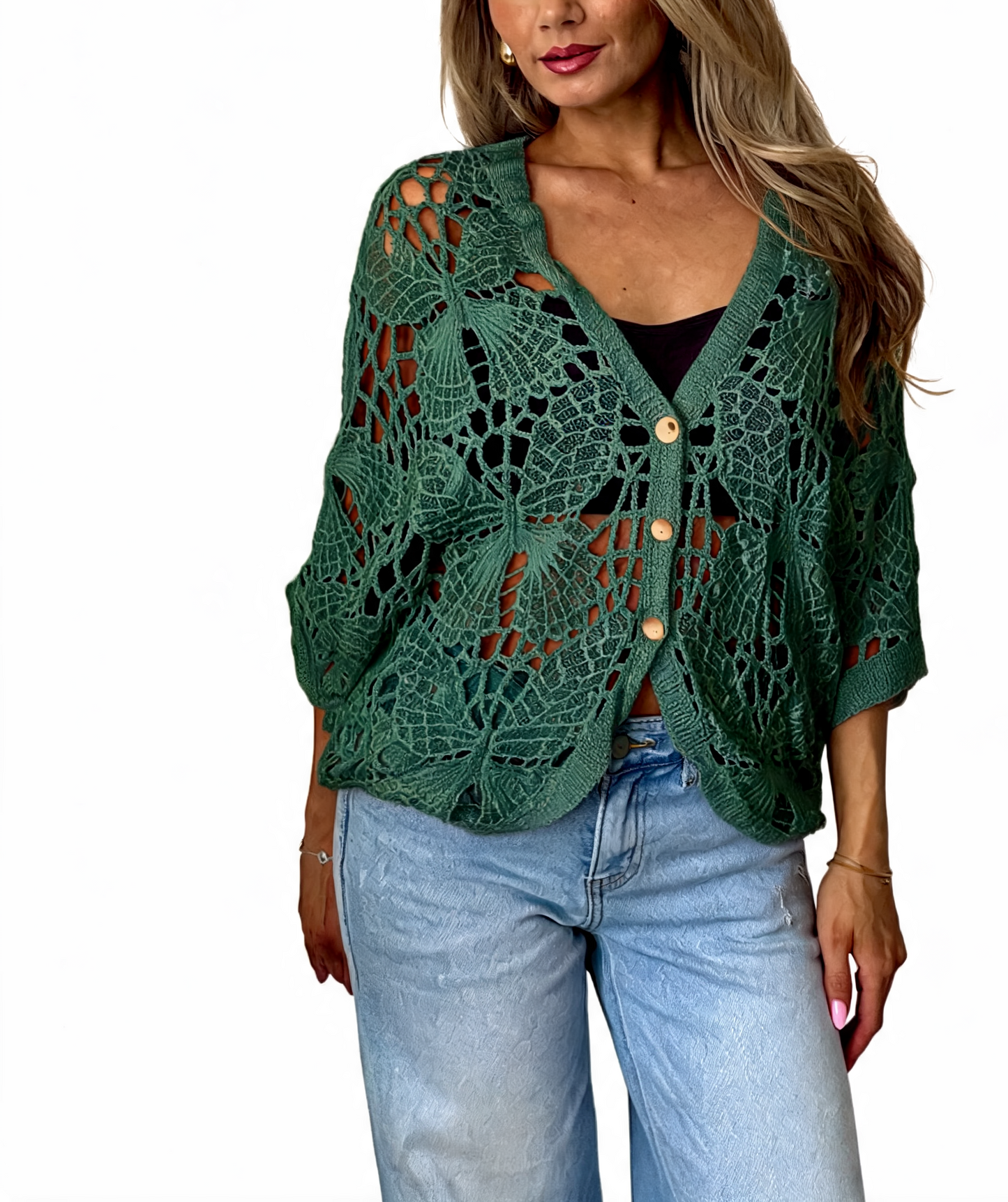 Green crochet cropped cardigan with butterfly-style cutouts, V-neck and button front