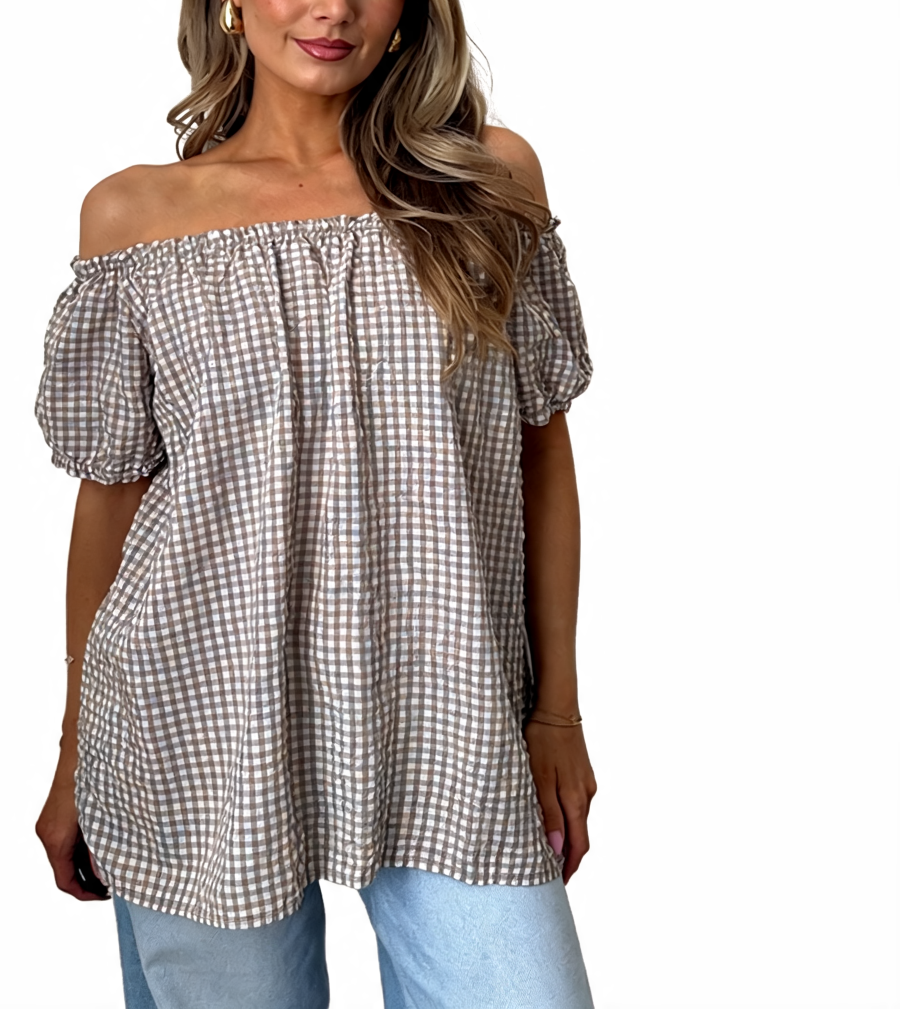 Gingham Off-the-Shoulder Puff Sleeve Top - Mocha