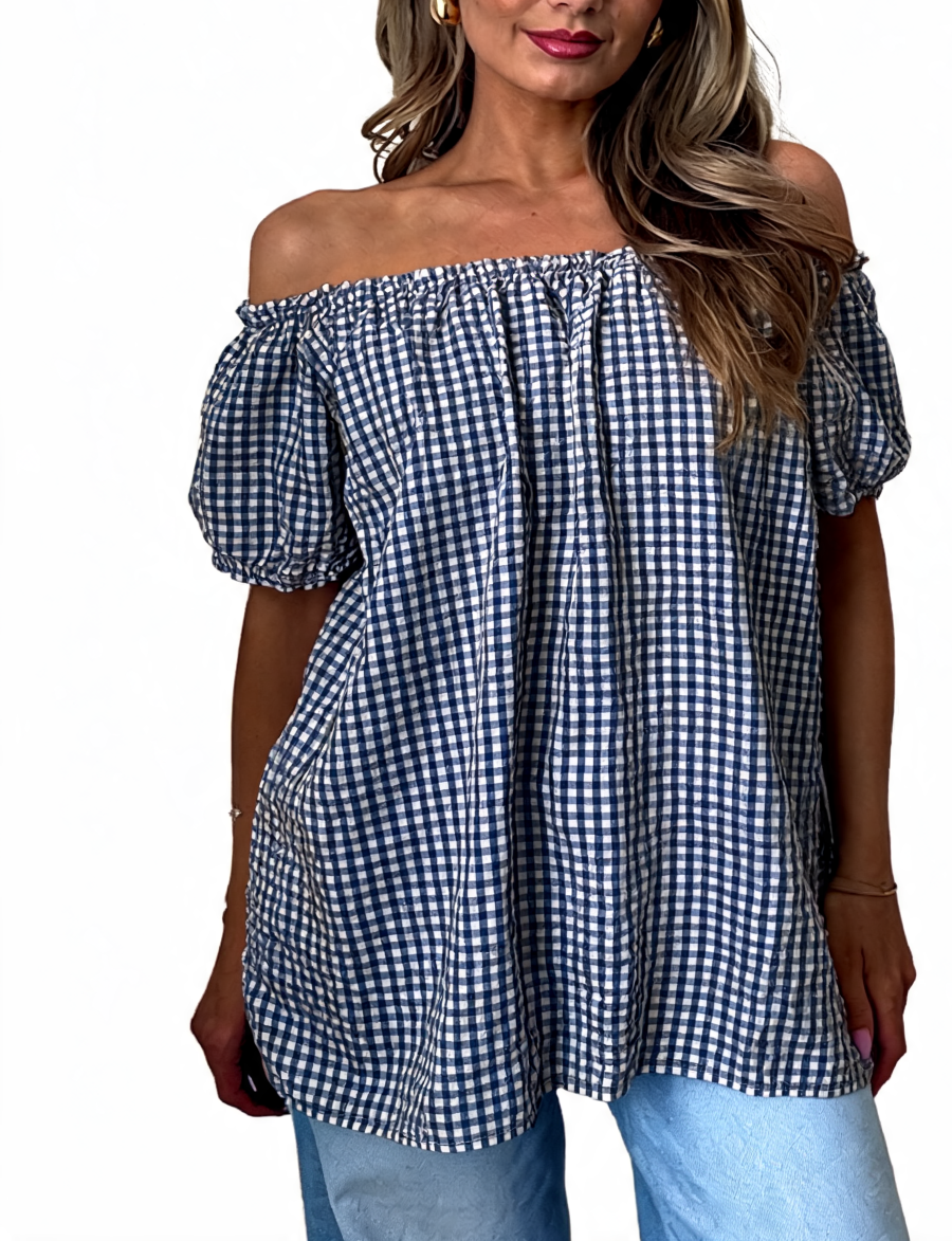 Gingham Off-the-Shoulder Puff Sleeve Top - Black