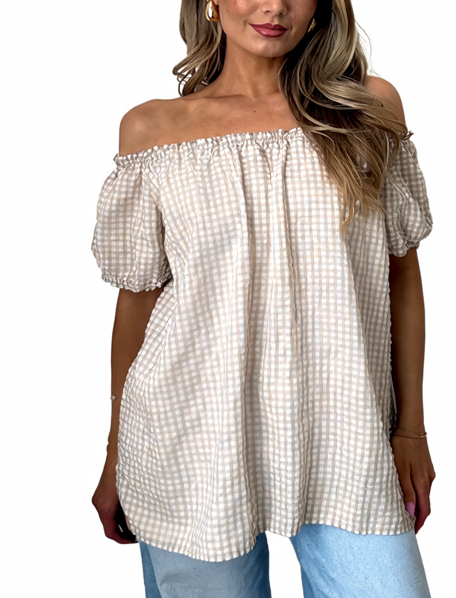 Gingham Off-the-Shoulder Puff Sleeve Top - Beige